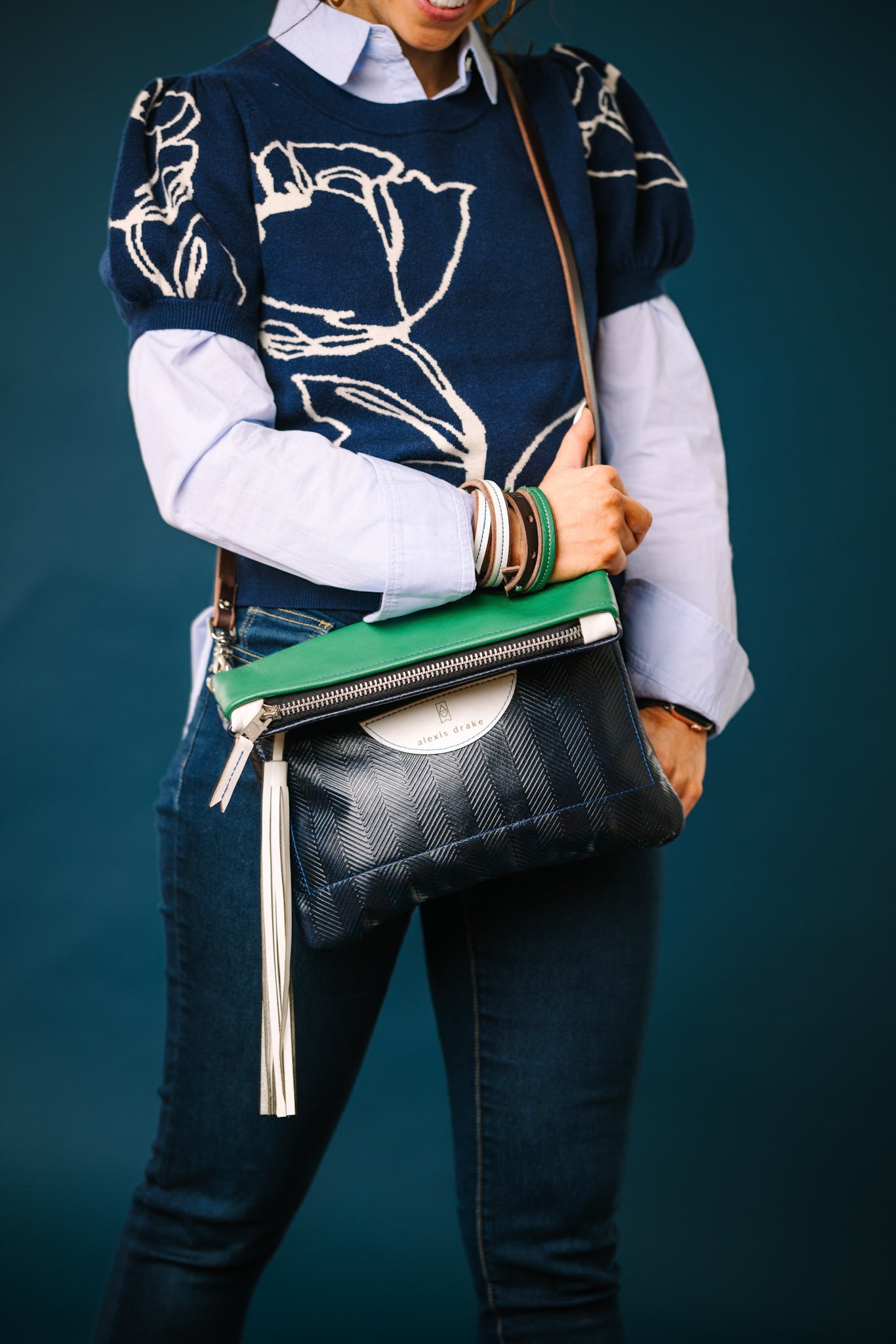 Polished Prep Collection | Eva Crossbody + Clutch | Herringbone Coastal Navy + Nantucket White