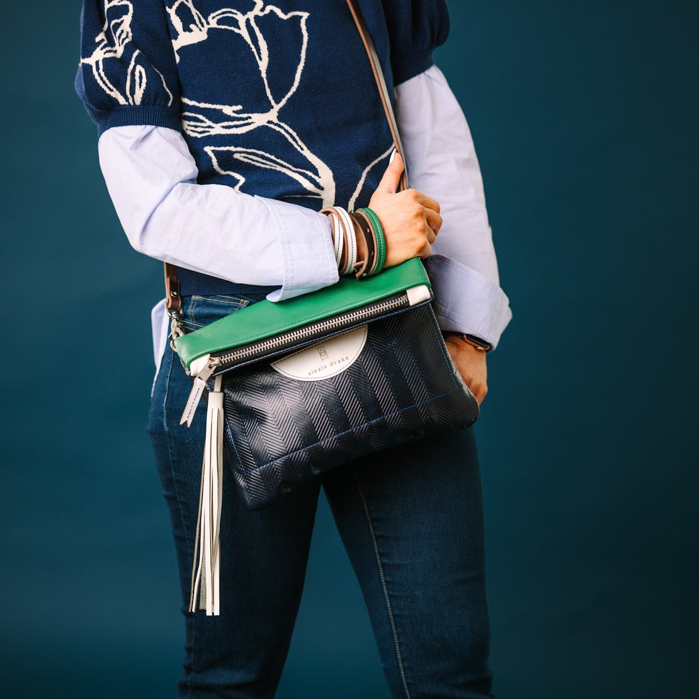 Polished Prep Collection | Eva Crossbody + Clutch | Herringbone Coastal Navy + Nantucket White