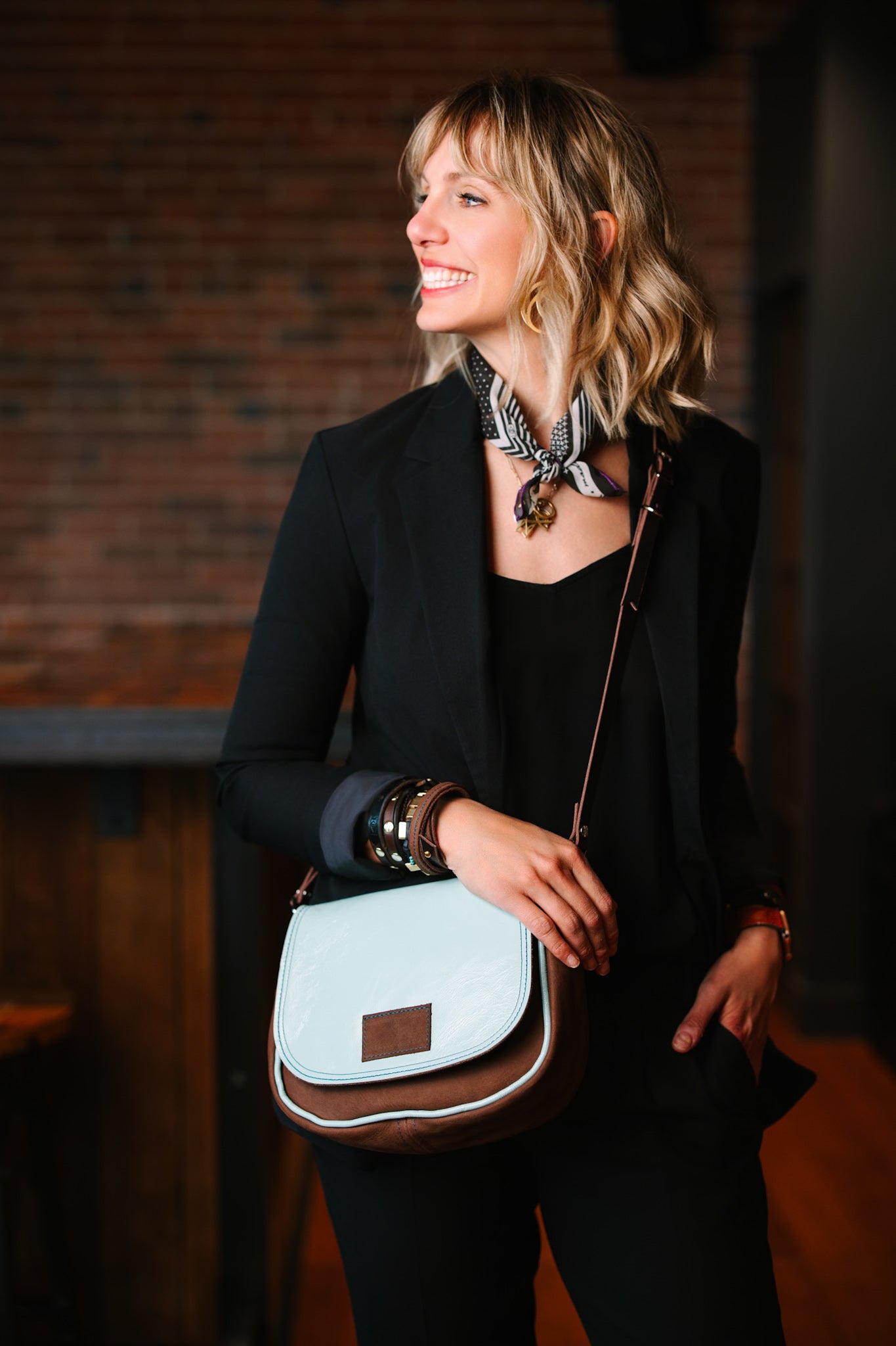 Autumn Reverie Collection | Mini E Crossbody | Mocha Suede + Ice Box Blue