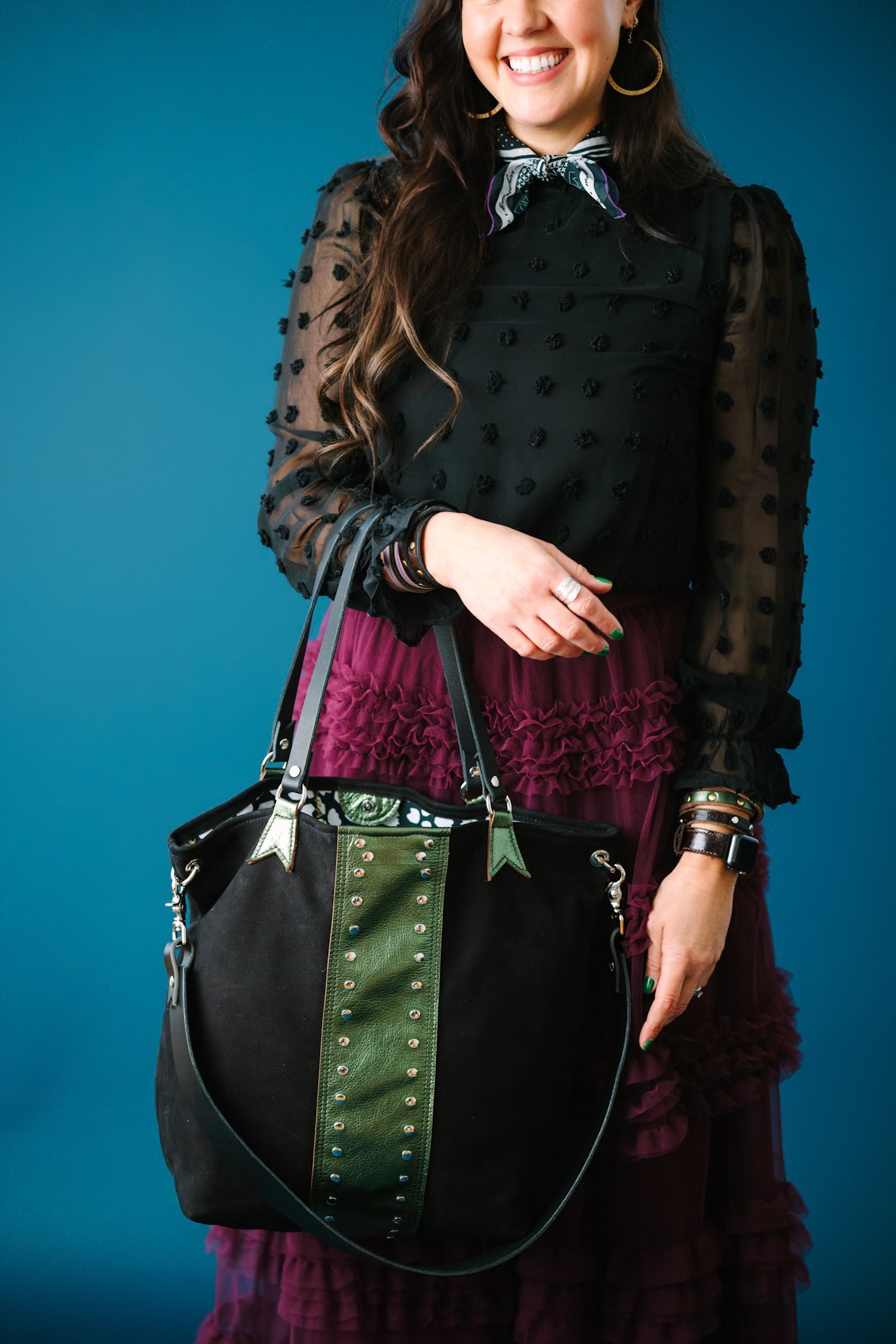 Midnight in Paris Collection | Lexington Shoulder Tote | Noir Suede + Emerald