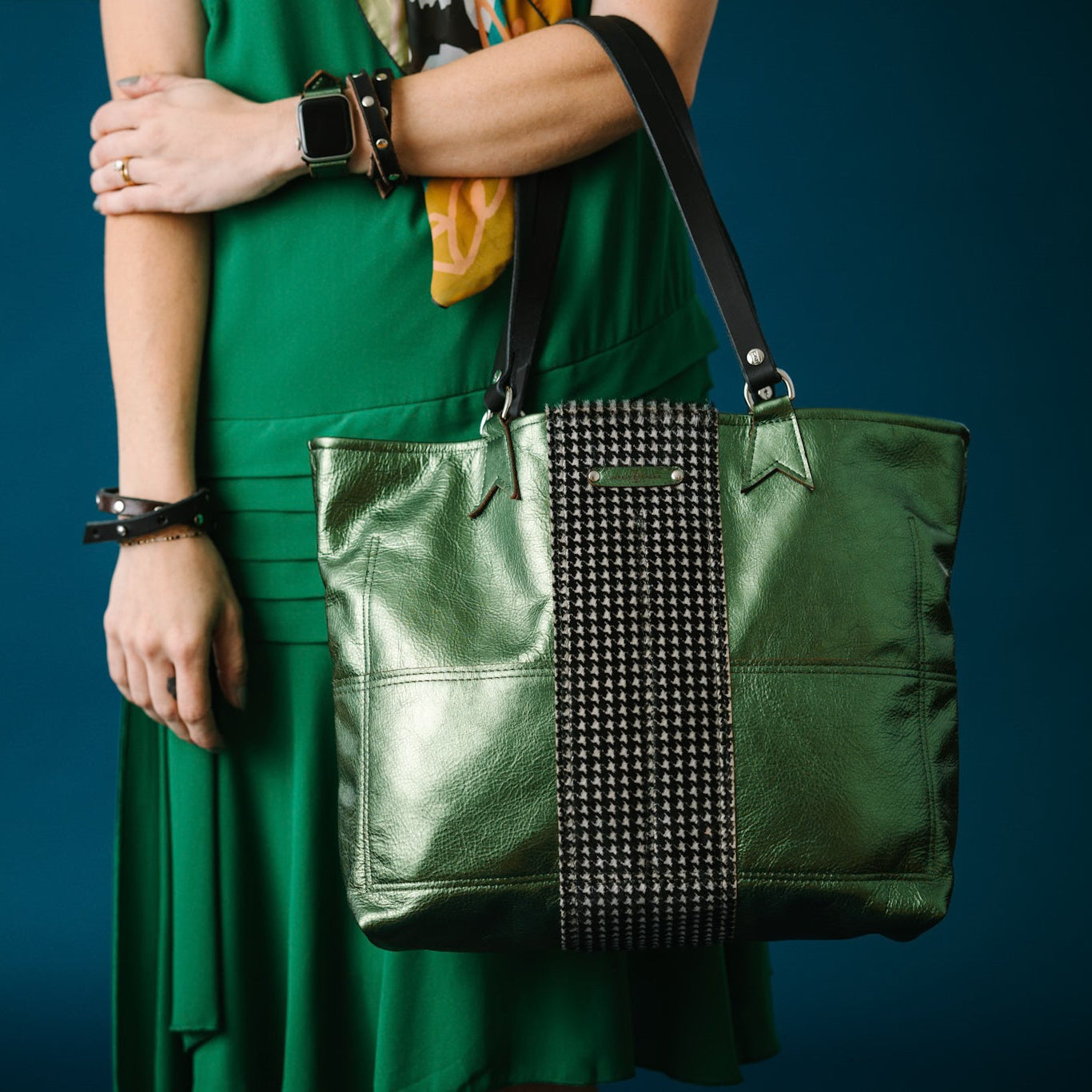 Midnight in Paris Collection | 9 to 5 Shoulder Tote | Emerald + Houndstooth Hair-on-Hide