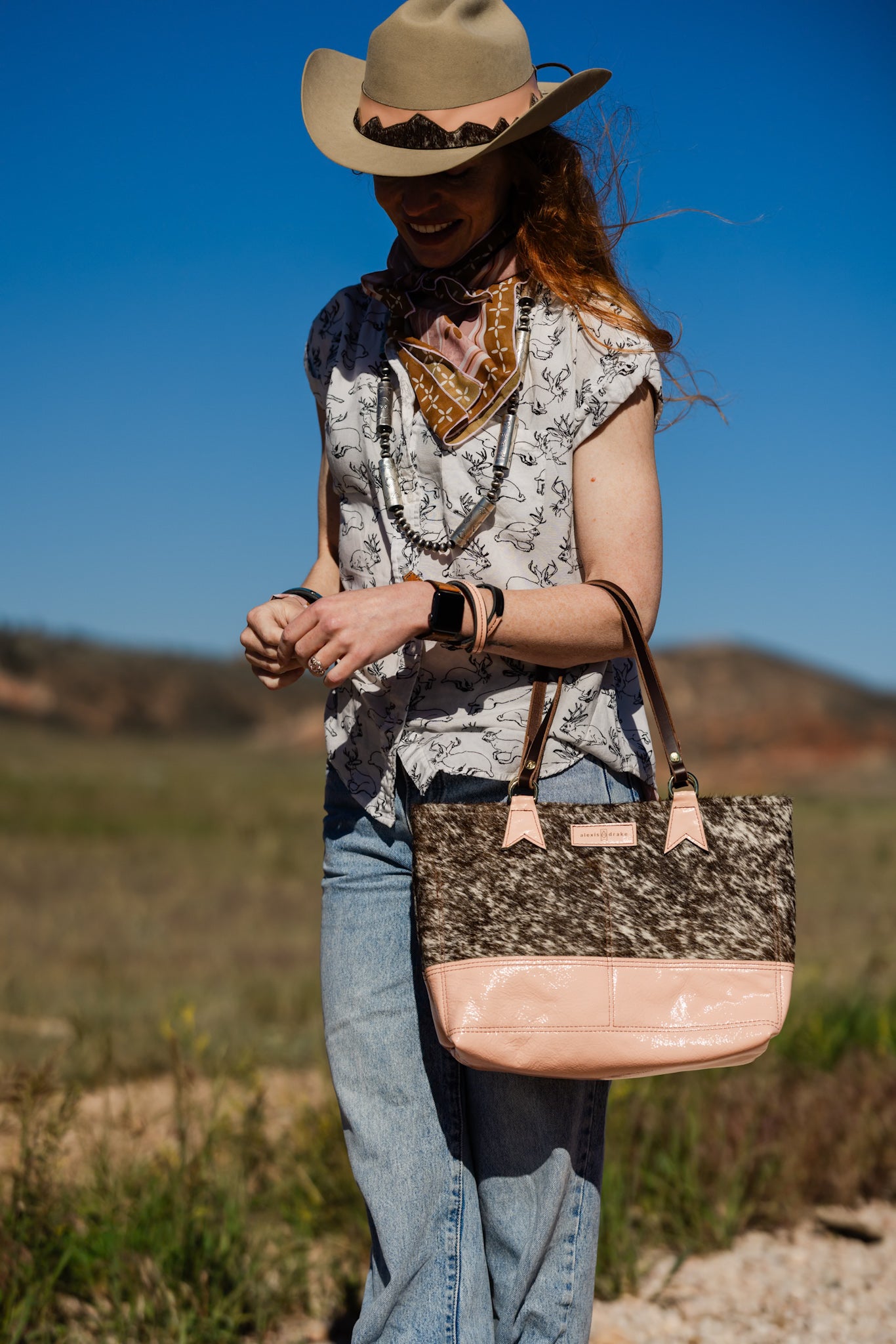 Vintage Cowgirl Collection | Nellie Satchel + Crossbody | Brown + White Hair-on-Hide + Pink Patent