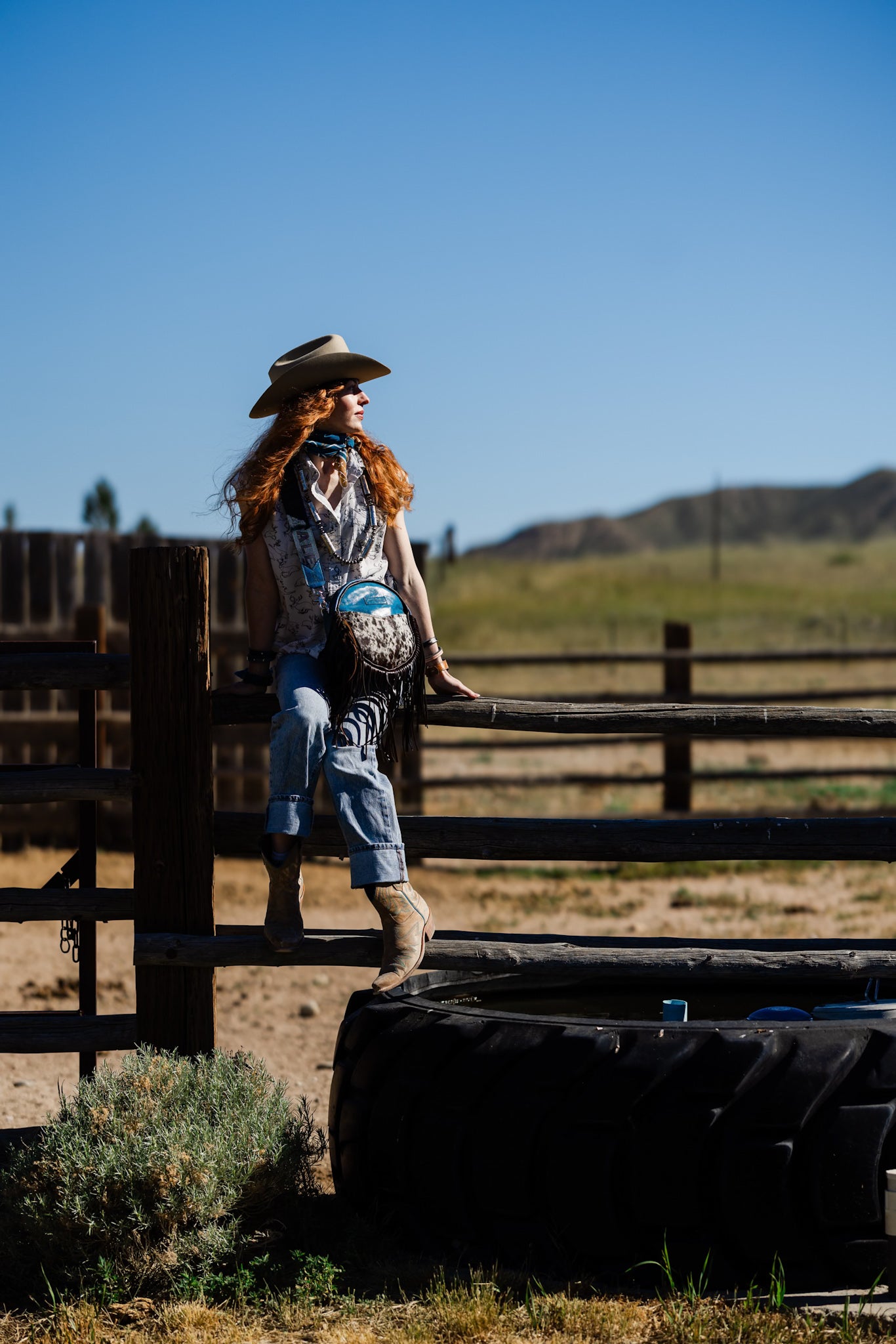 Vintage Cowgirl Collection | Flicka Crossbody | Denim + Brown + White Hair-on-Hide