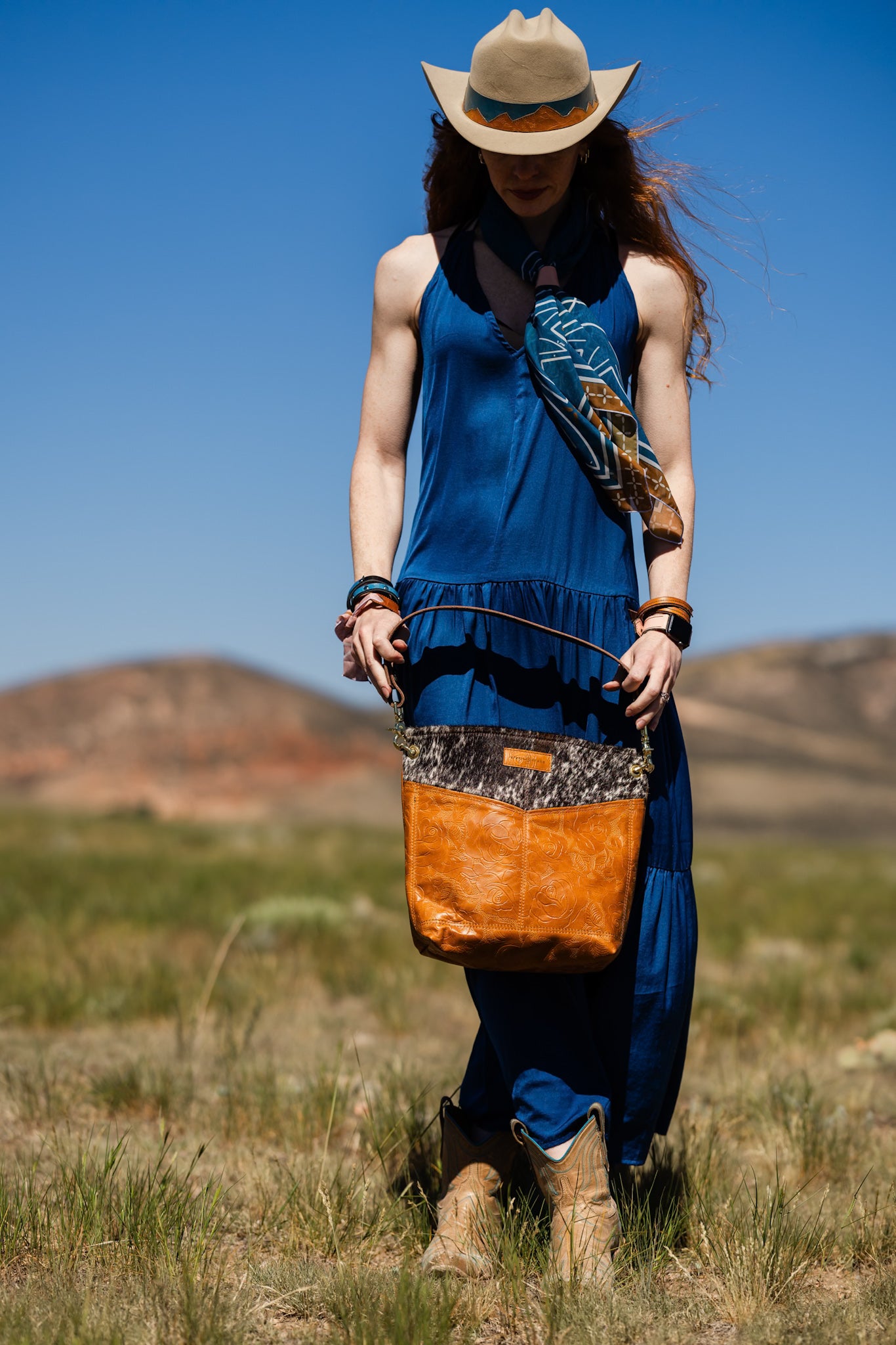 Vintage Cowgirl Collection | Tivoli Shoulder Tote | Brown + White Hair-on-Hide + Golden Rose Embossed