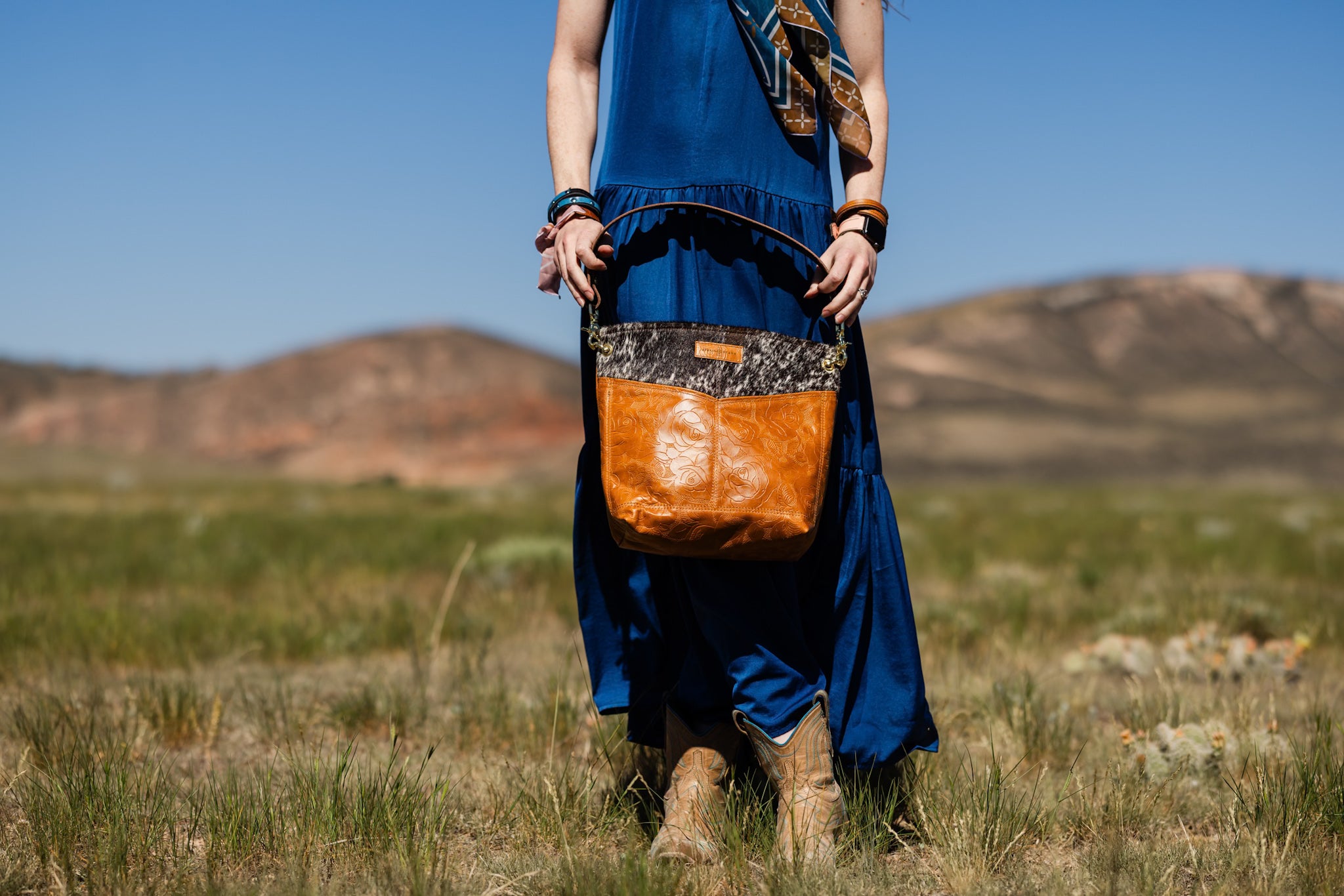 Vintage Cowgirl Collection | Tivoli Shoulder Tote | Brown + White Hair-on-Hide + Golden Rose Embossed