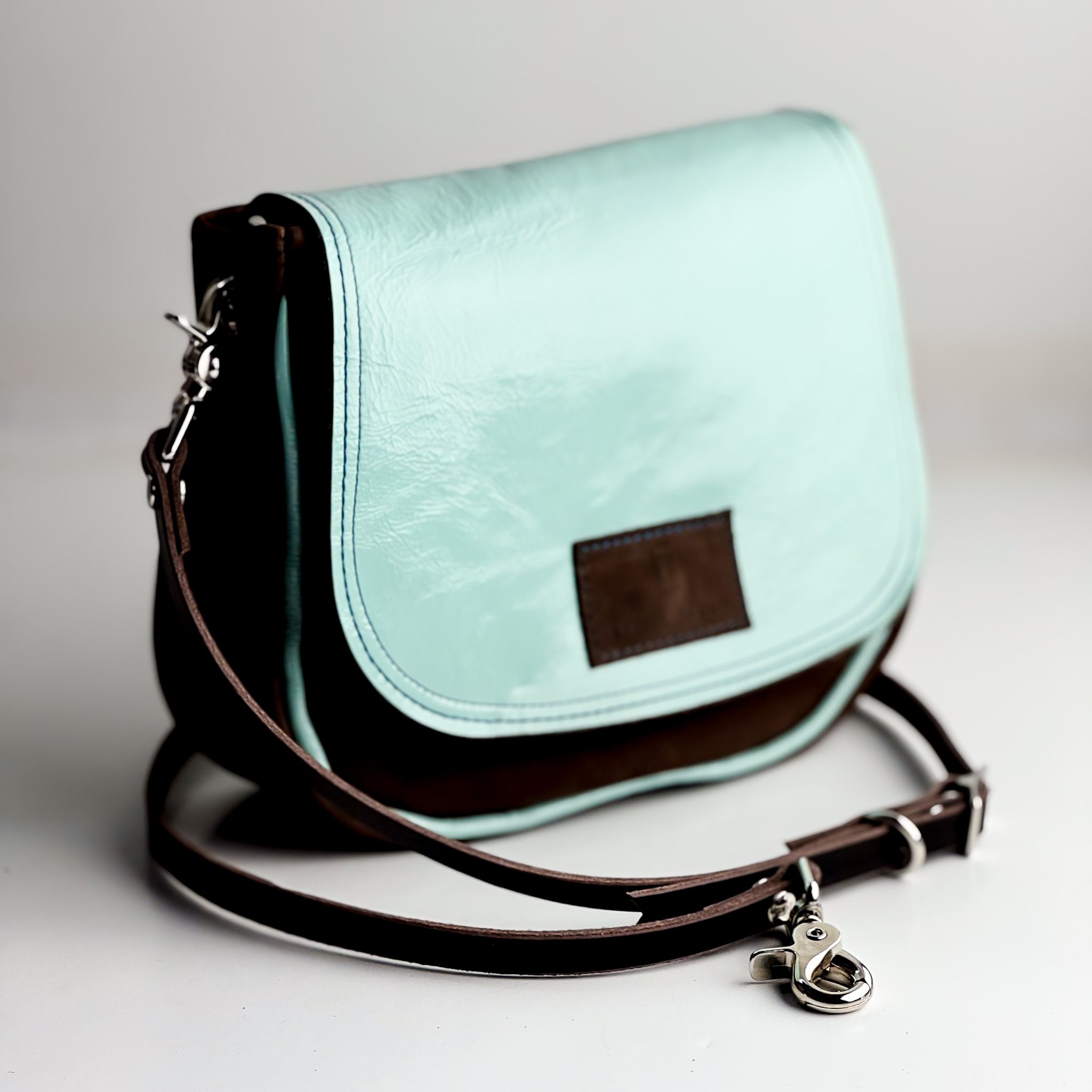 Autumn Reverie Collection | Mini E Crossbody | Mocha Suede + Ice Box Blue