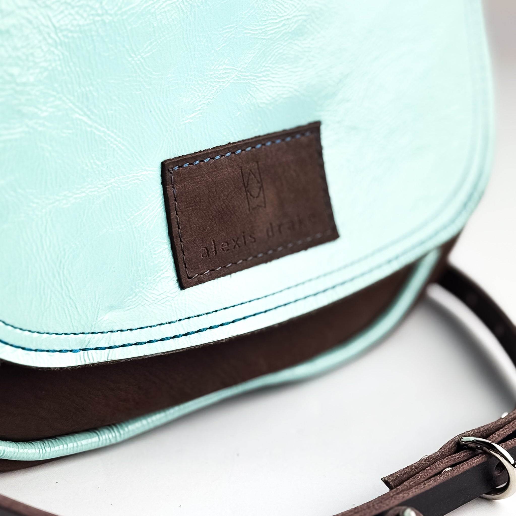 Autumn Reverie Collection | Mini E Crossbody | Mocha Suede + Ice Box Blue
