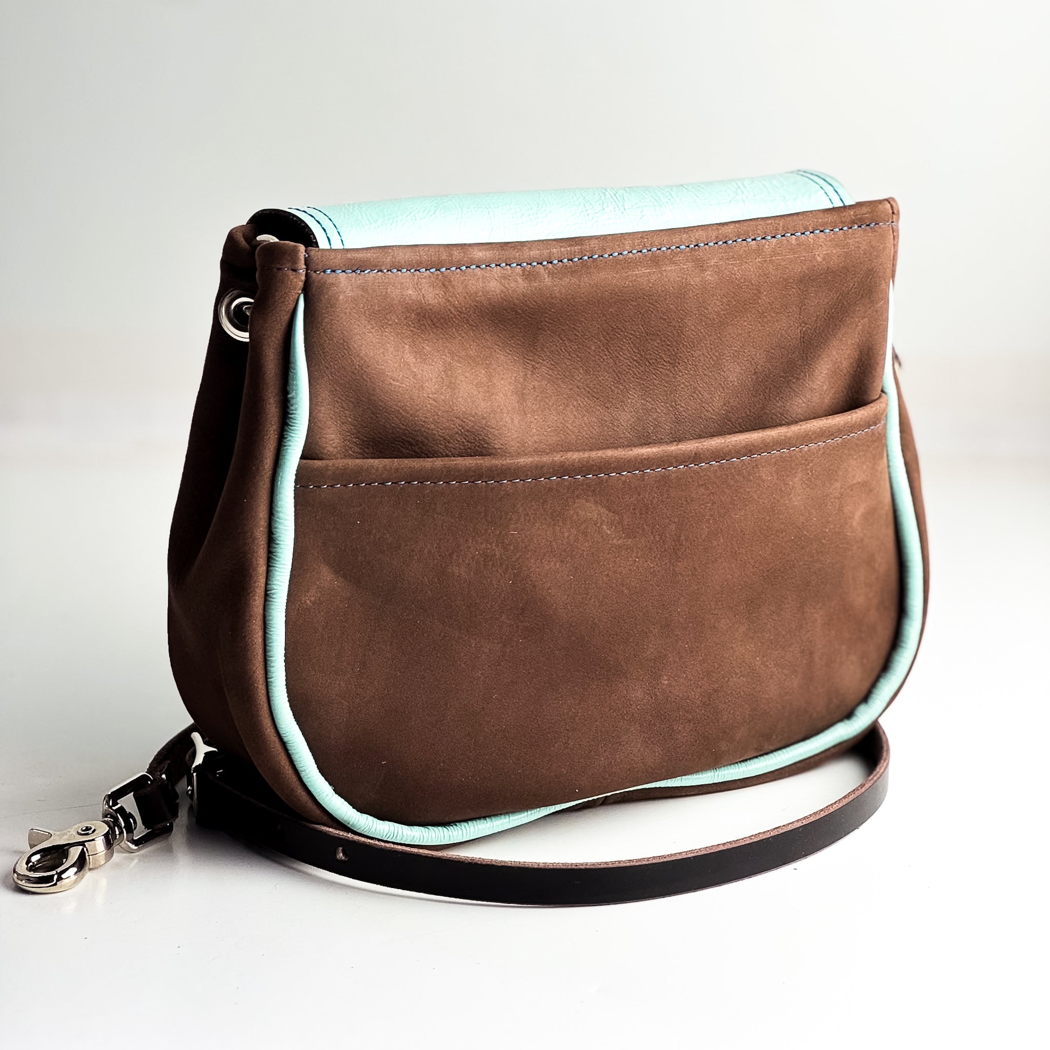 Autumn Reverie Collection | Mini E Crossbody | Mocha Suede + Ice Box Blue