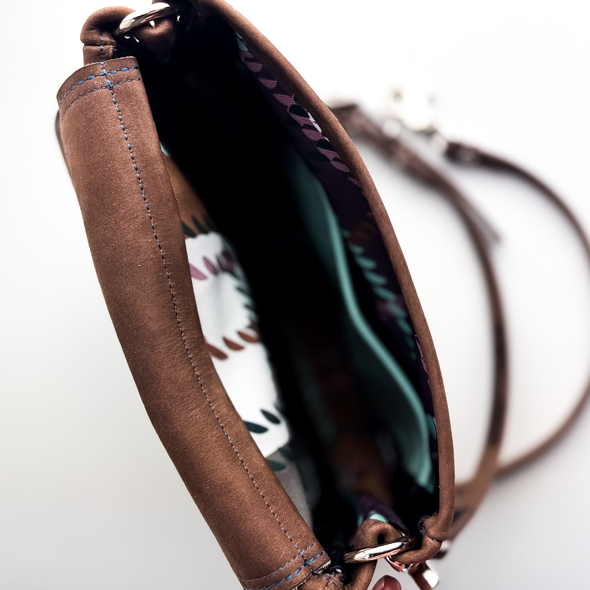 Autumn Reverie Collection | Mini E Crossbody | Mocha Suede + Ice Box Blue
