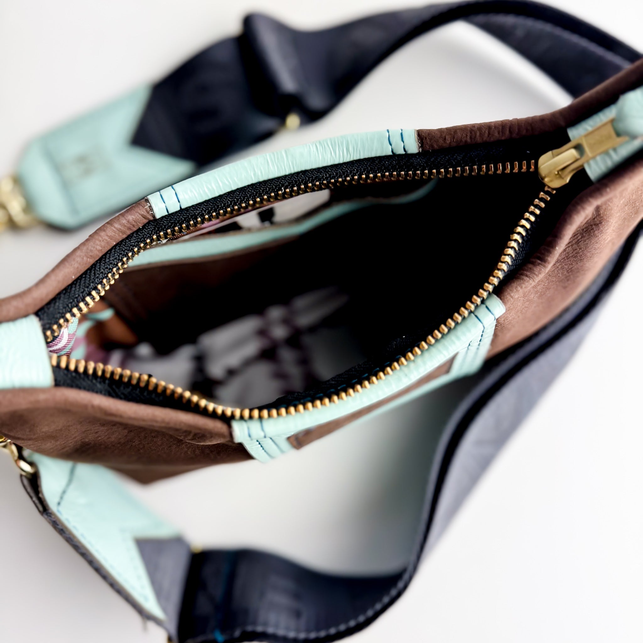 Autumn Reverie Collection | Penelope Crossbody | Mocha Suede + Ice Box Blue