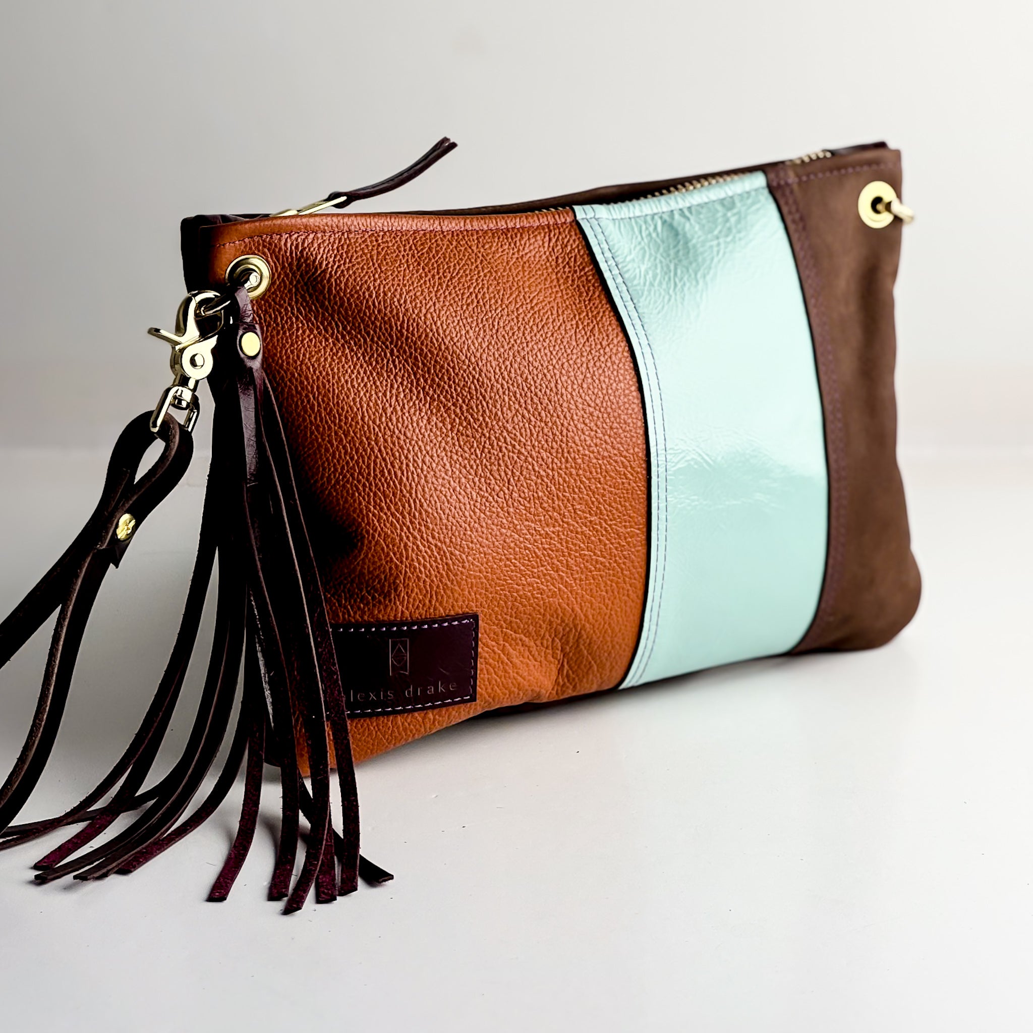 Autumn Reverie Collection | Jackie Clutch | Rust Pebble + Ice Box Blue + Mocha Suede