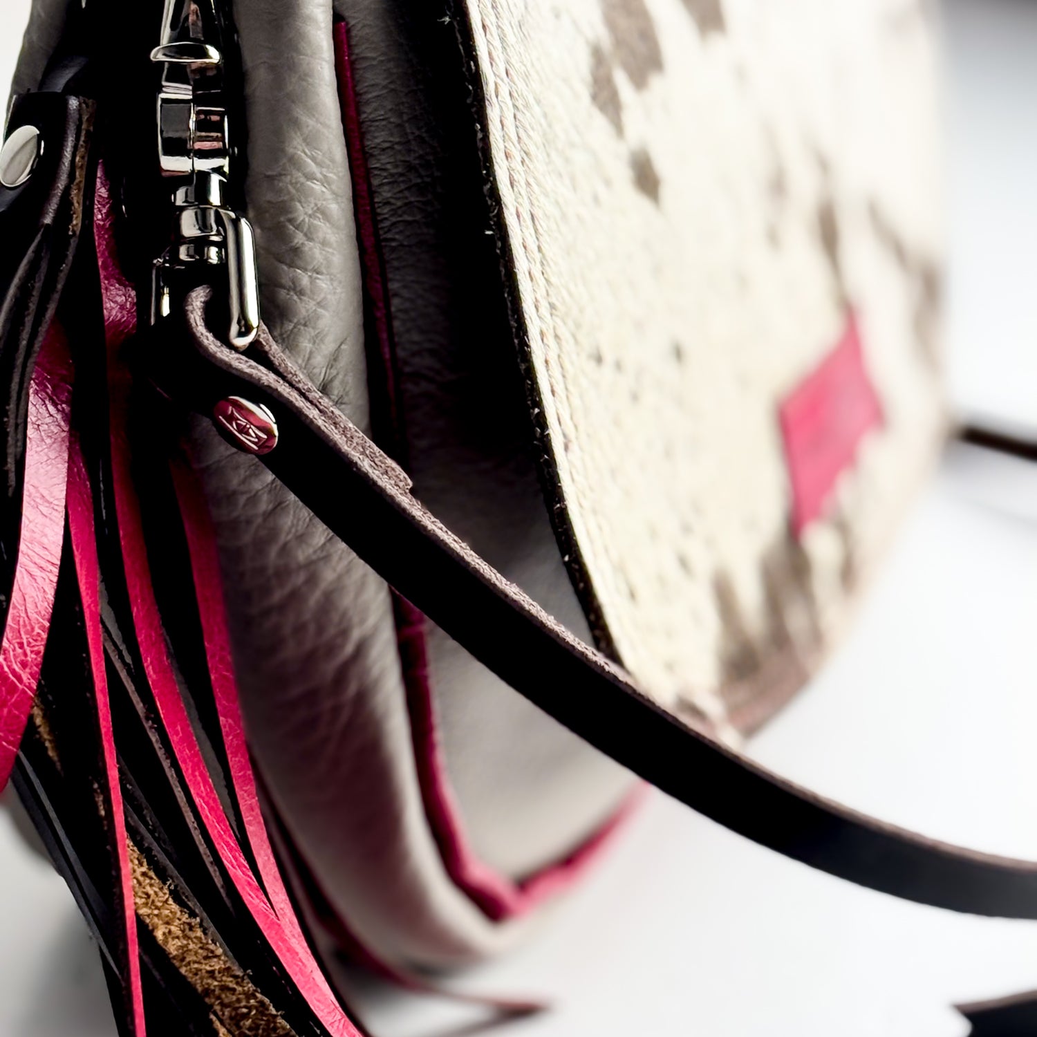 Arena Tradition Collection | Mini E Crossbody | Hair-on-Hide + Stone Gray