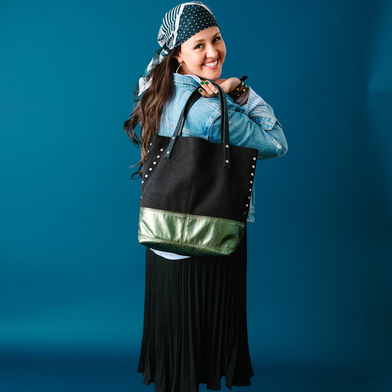 Midnight in Paris Collection | Market Tote | Emerald + Noir Suede