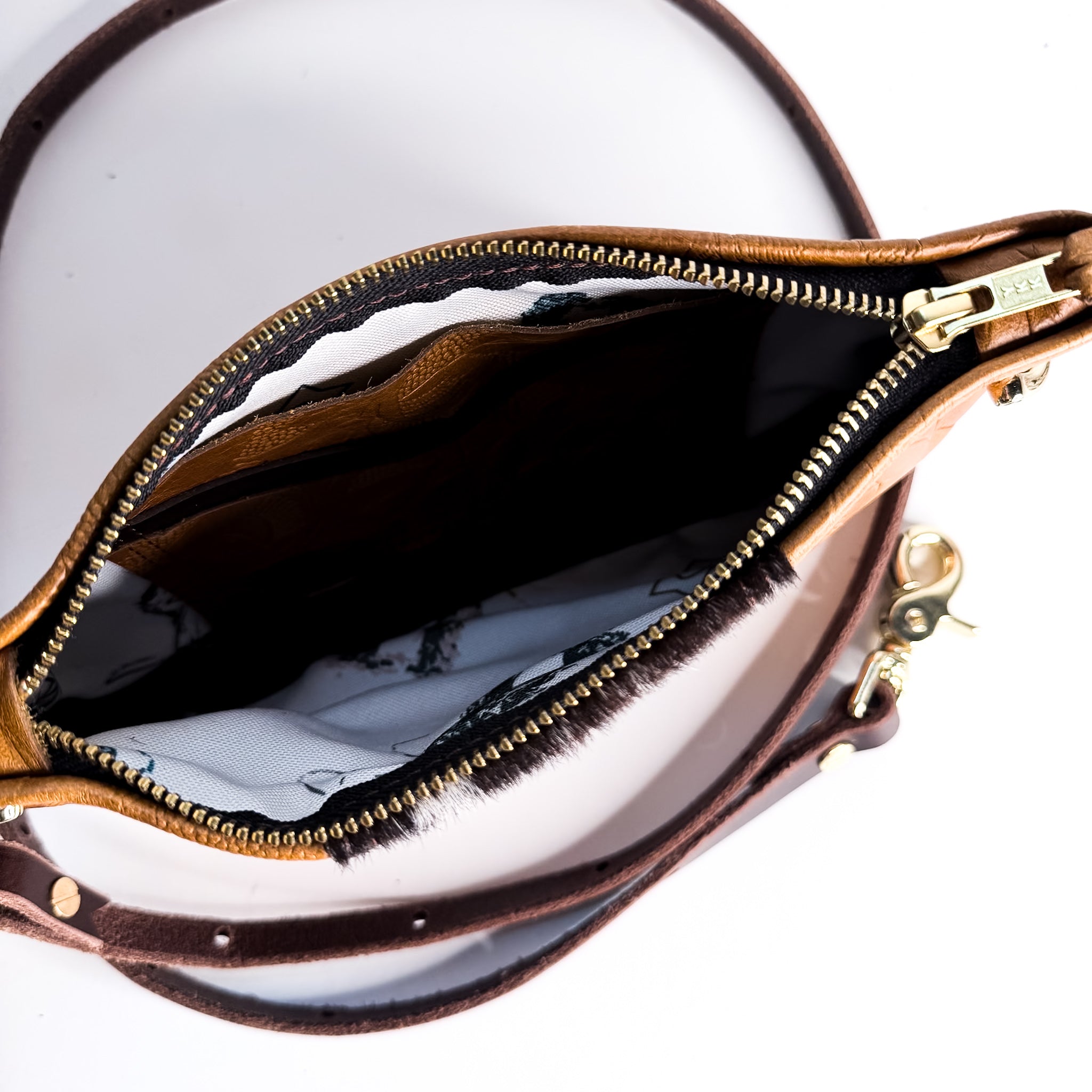 Vintage Cowgirl Collection | Belt Bag Clutch + Crossbody | Golden Rose Embossed + Brown + White Hair-on-Hide