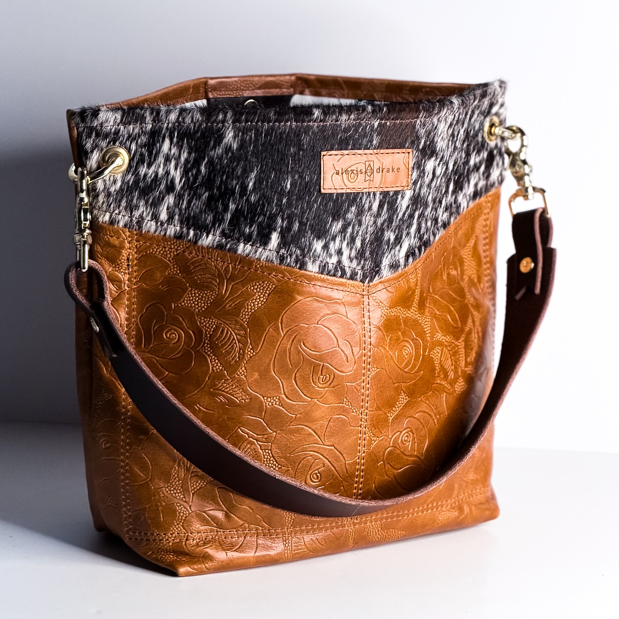 Vintage Cowgirl Collection | Tivoli Shoulder Tote | Brown + White Hair-on-Hide + Golden Rose Embossed