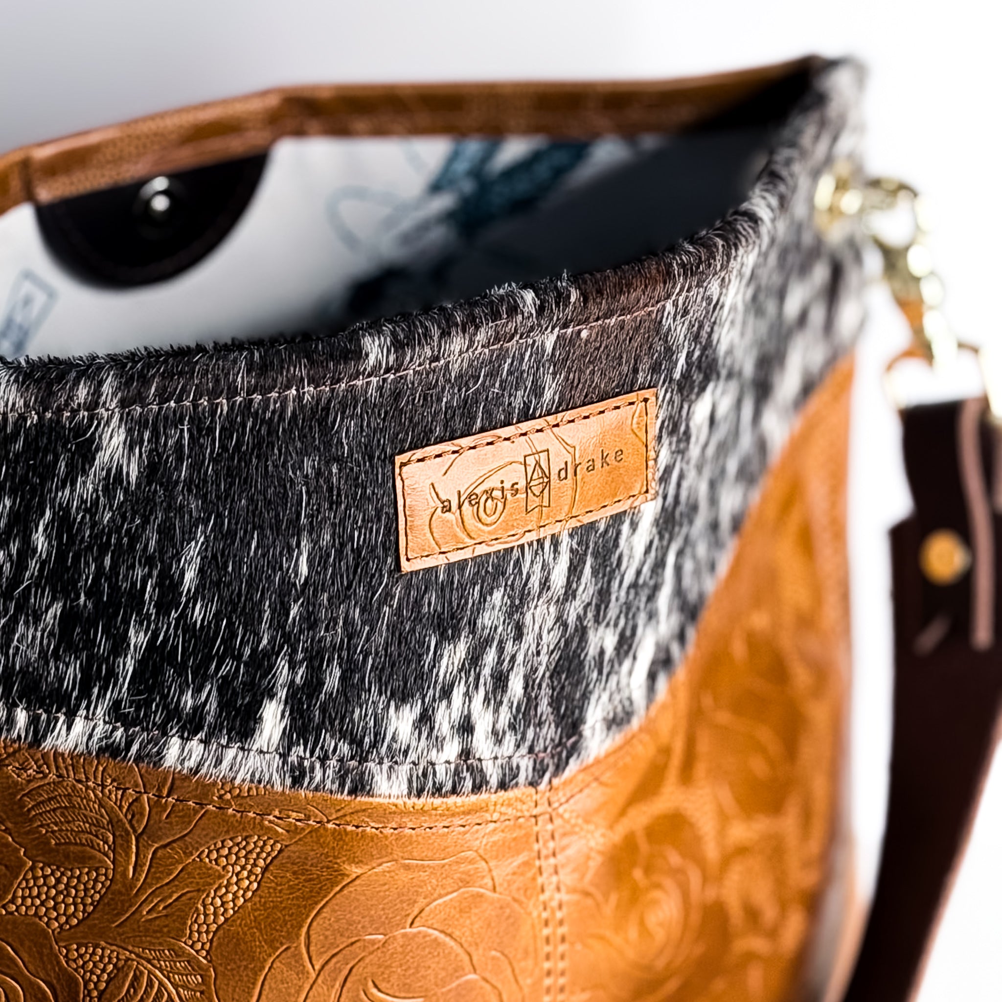 Vintage Cowgirl Collection | Tivoli Shoulder Tote | Brown + White Hair-on-Hide + Golden Rose Embossed