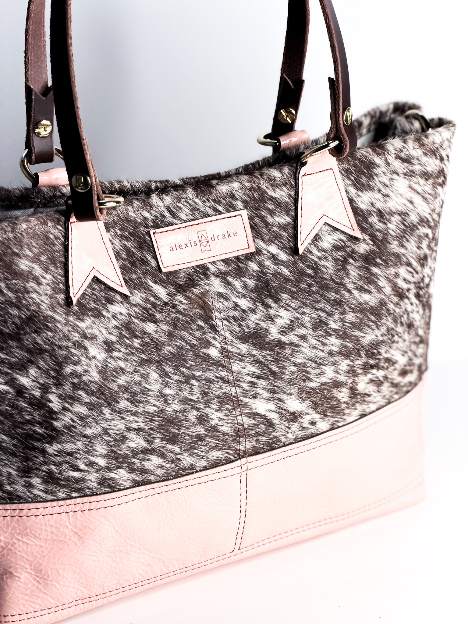 Vintage Cowgirl Collection | Nellie Satchel + Crossbody | Brown + White Hair-on-Hide + Pink Patent