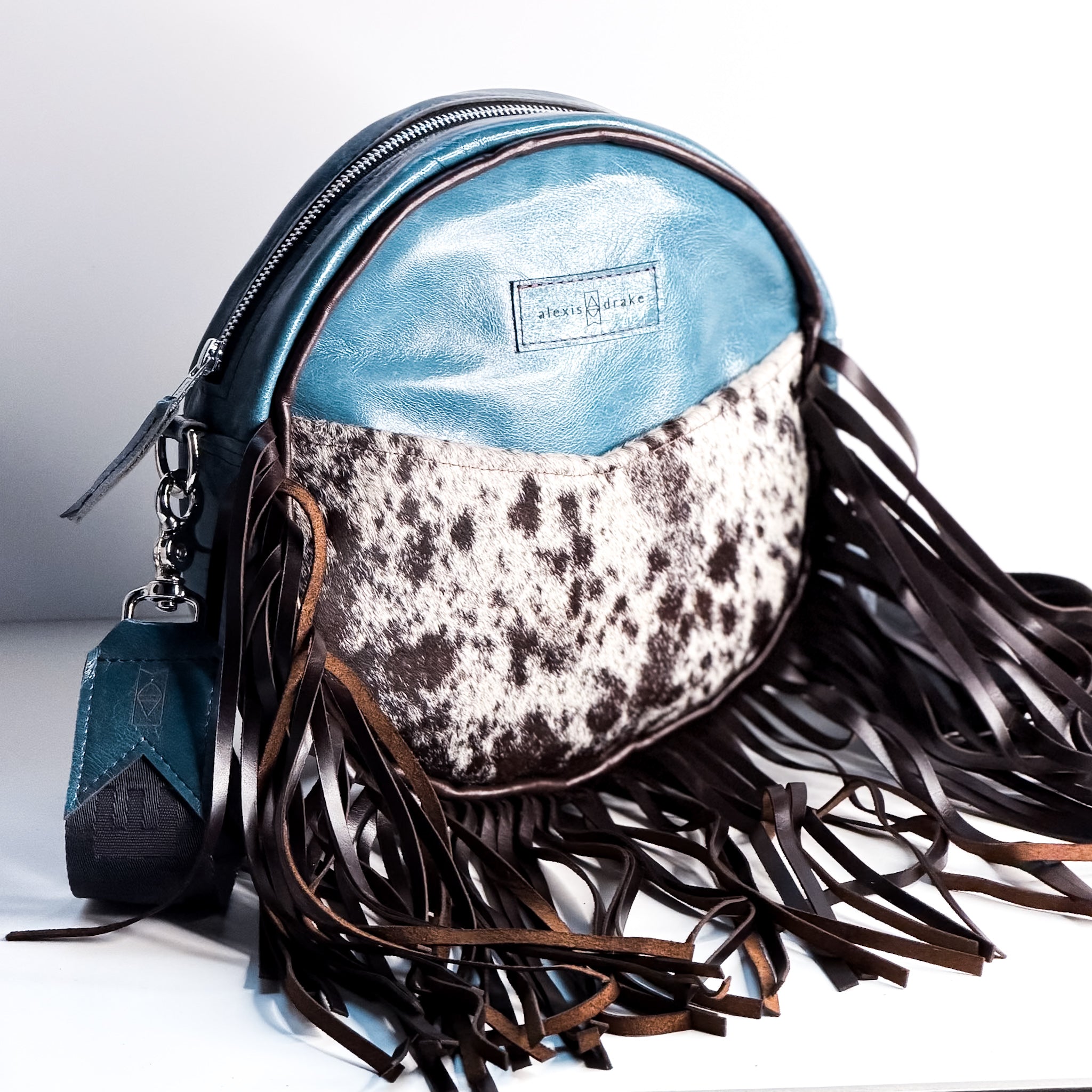 Vintage Cowgirl Collection | Flicka Crossbody | Denim + Brown + White Hair-on-Hide