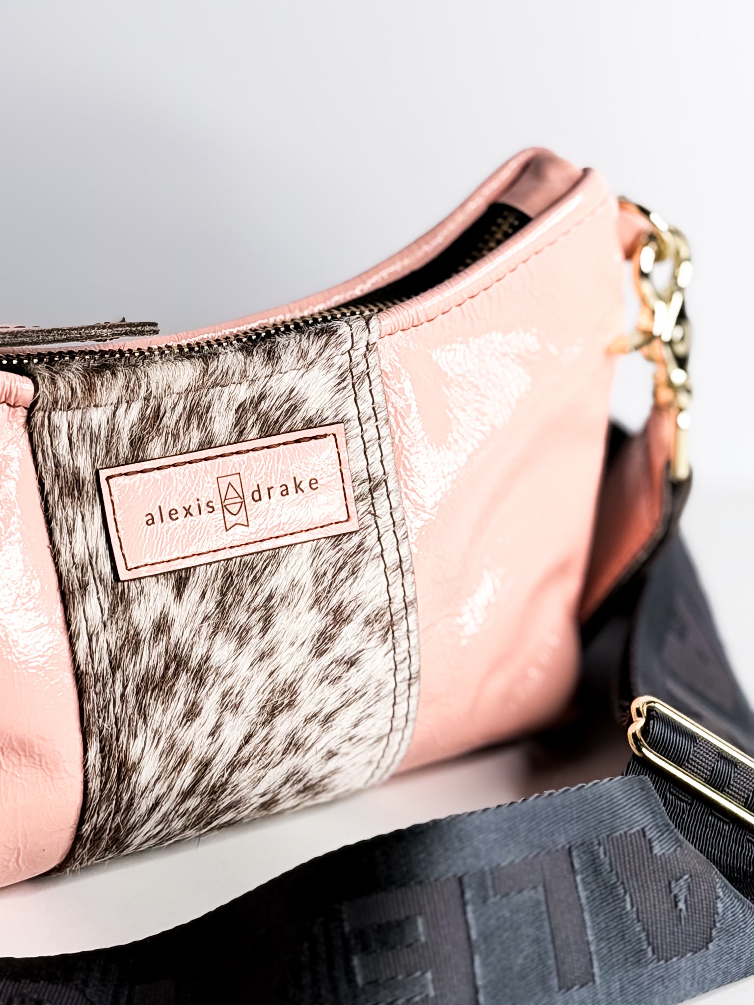 Vintage Cowgirl Collection | Penelope Crossbody | Pink Patent + Brown + White Hair-on-Hide