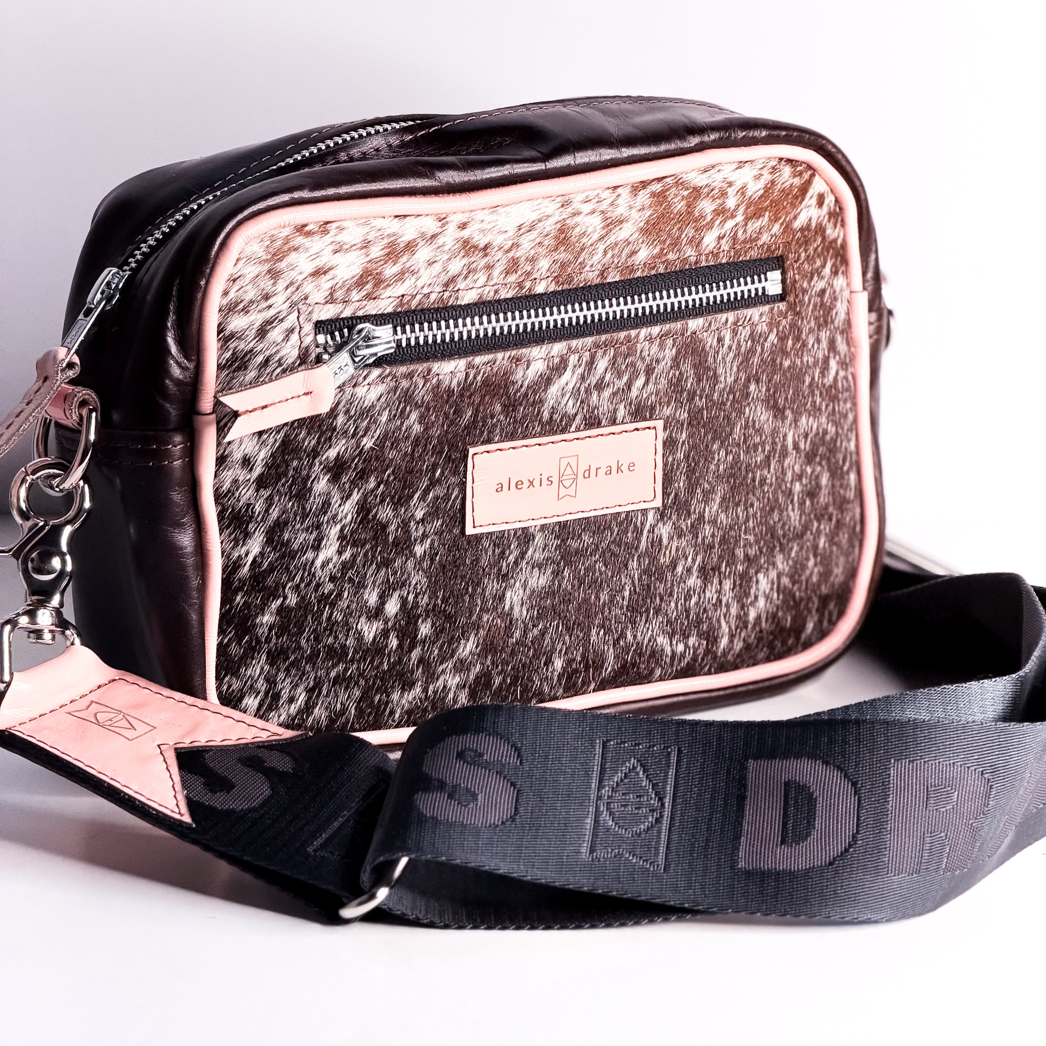 Vintage Cowgirl Collection | Maeve Crossbody | Brown + White Hair-on-Hide + Pink Patent