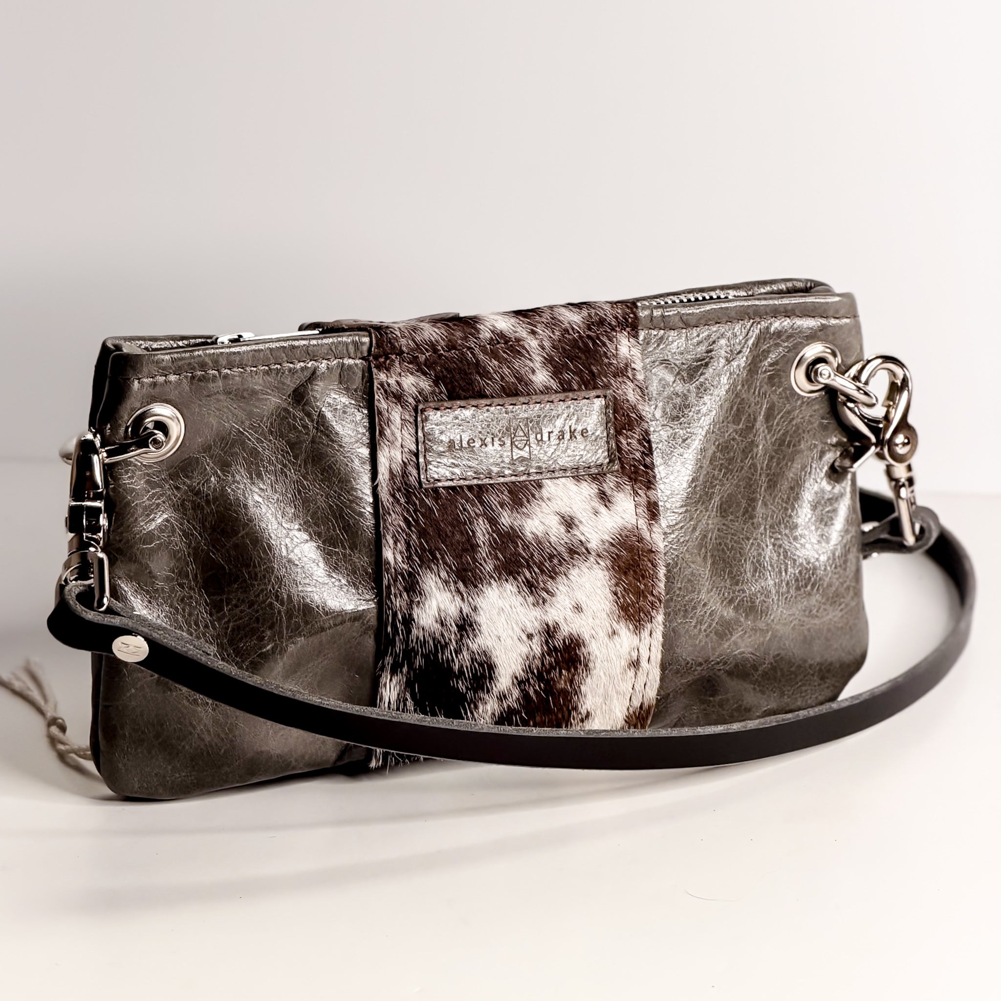 Rodeo Collection | Belt Bag Clutch + Crossbody | Gray + Brown + White Hair-on-Hide