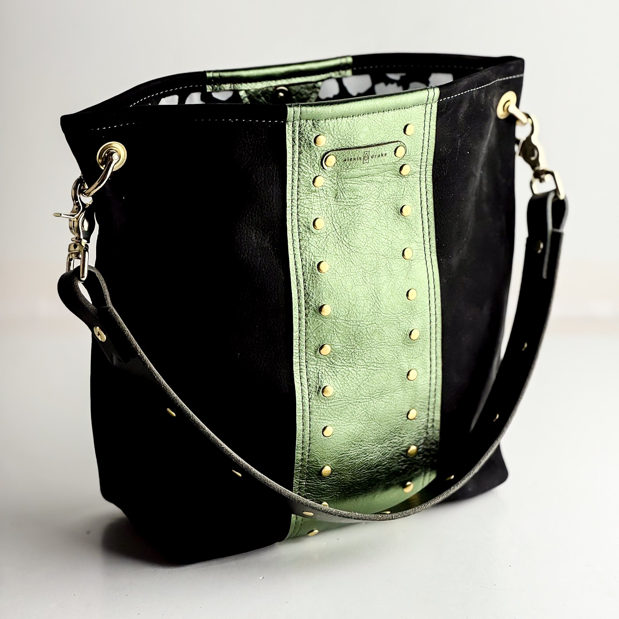 Midnight in Paris Collection | Tivoli Shoulder Tote | Noir Suede + Emerald