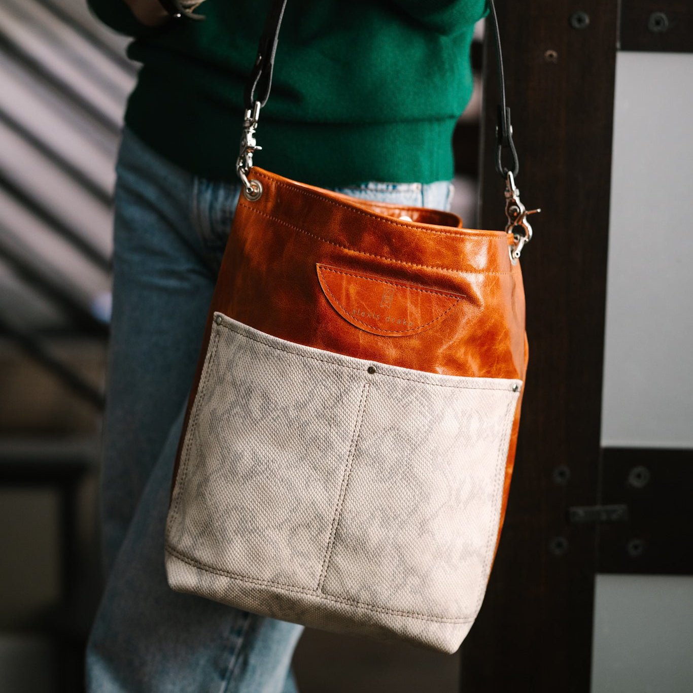 Western Woods Collection | Train Shoulder Tote | Bourbon + Winter Python