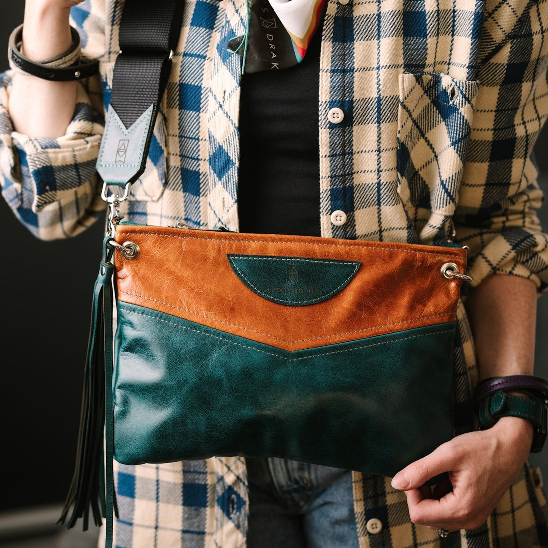 Western Woods Collection | Jackie Crossbody | Bourbon + Teal Spruce