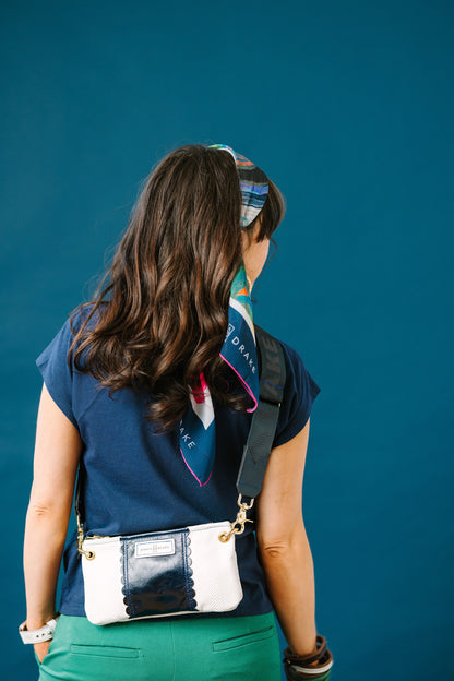 Polished Prep Collection | Belt Bag Clutch + Crossbody | Herringbone Nantucket White + Coastal Navy