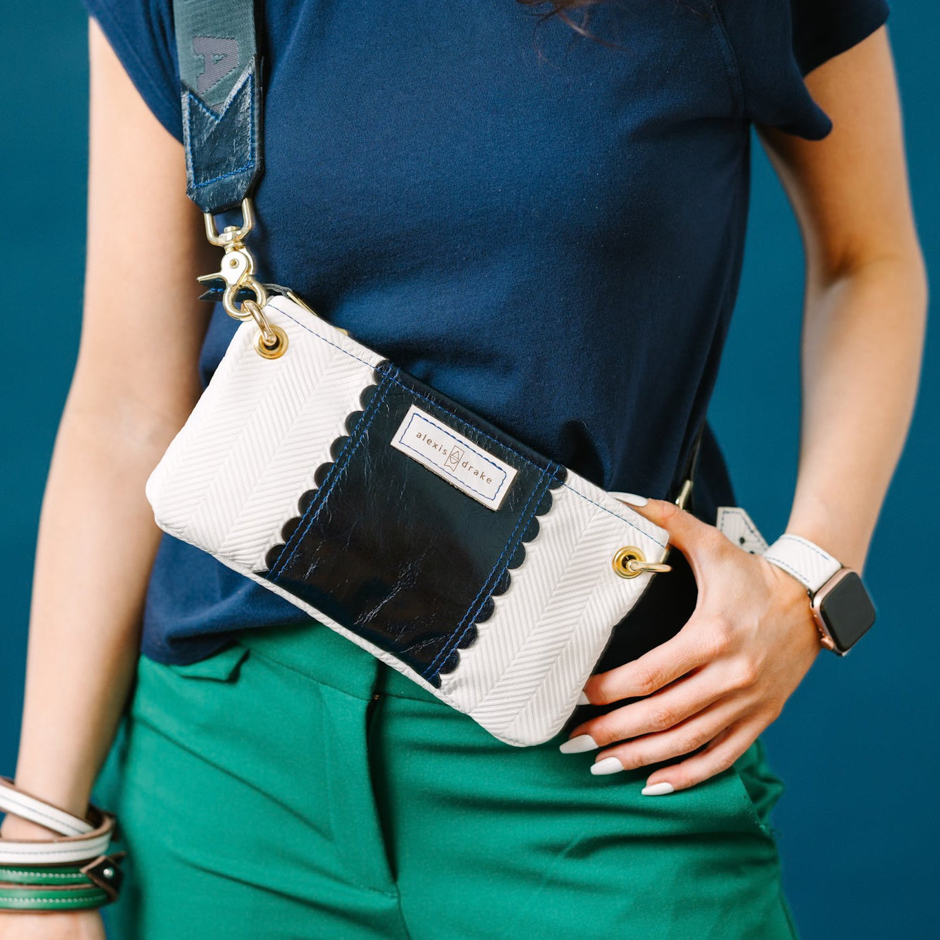 Polished Prep Collection | Belt Bag Clutch + Crossbody | Herringbone Nantucket White + Coastal Navy