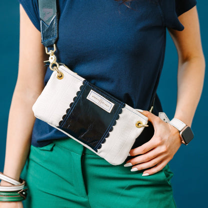 Polished Prep Collection | Belt Bag Clutch + Crossbody | Herringbone Nantucket White + Coastal Navy