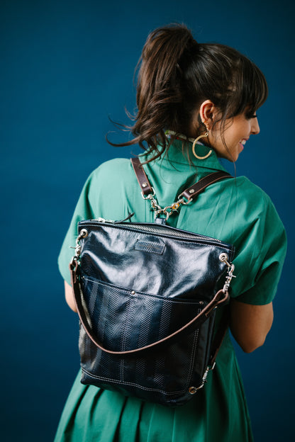 Polished Prep Collection | Train Shoulder Tote + Backpack | Herringbone Coastal Navy + Coastal Navy