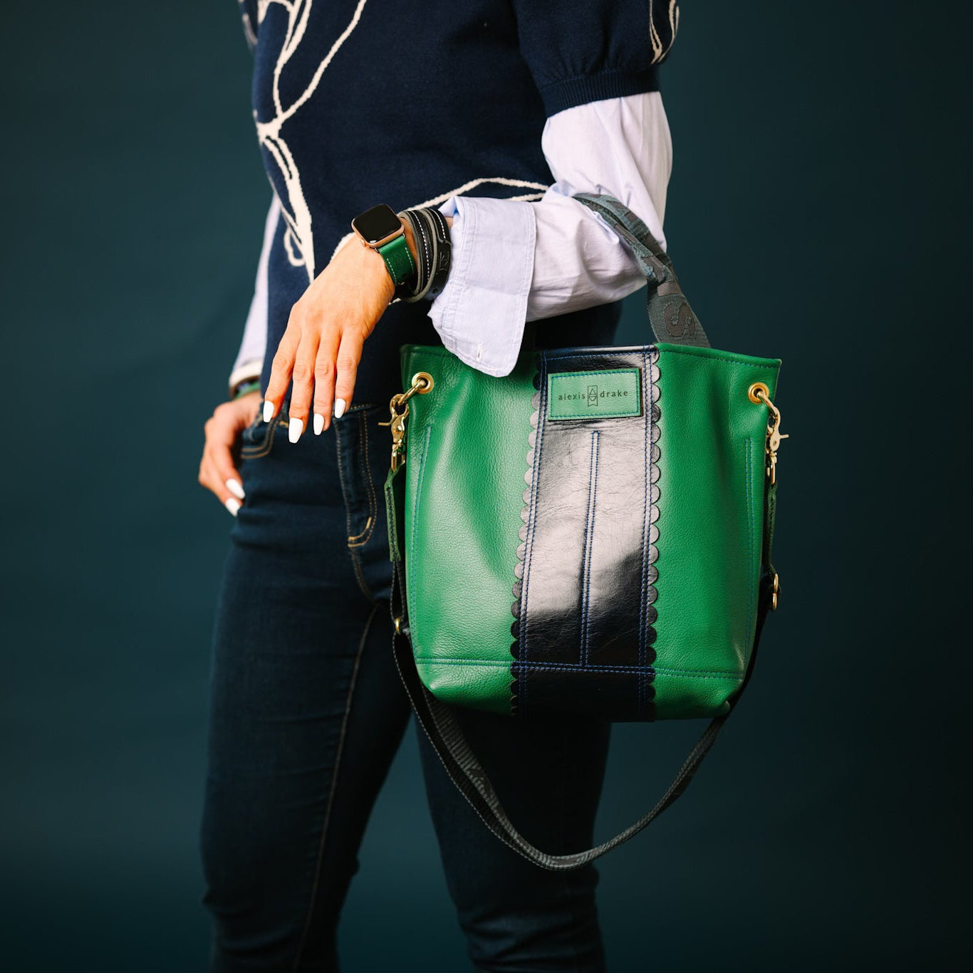 Polished Prep Collection | Tivoli Shoulder Tote | Boxwood Green + Coastal Navy