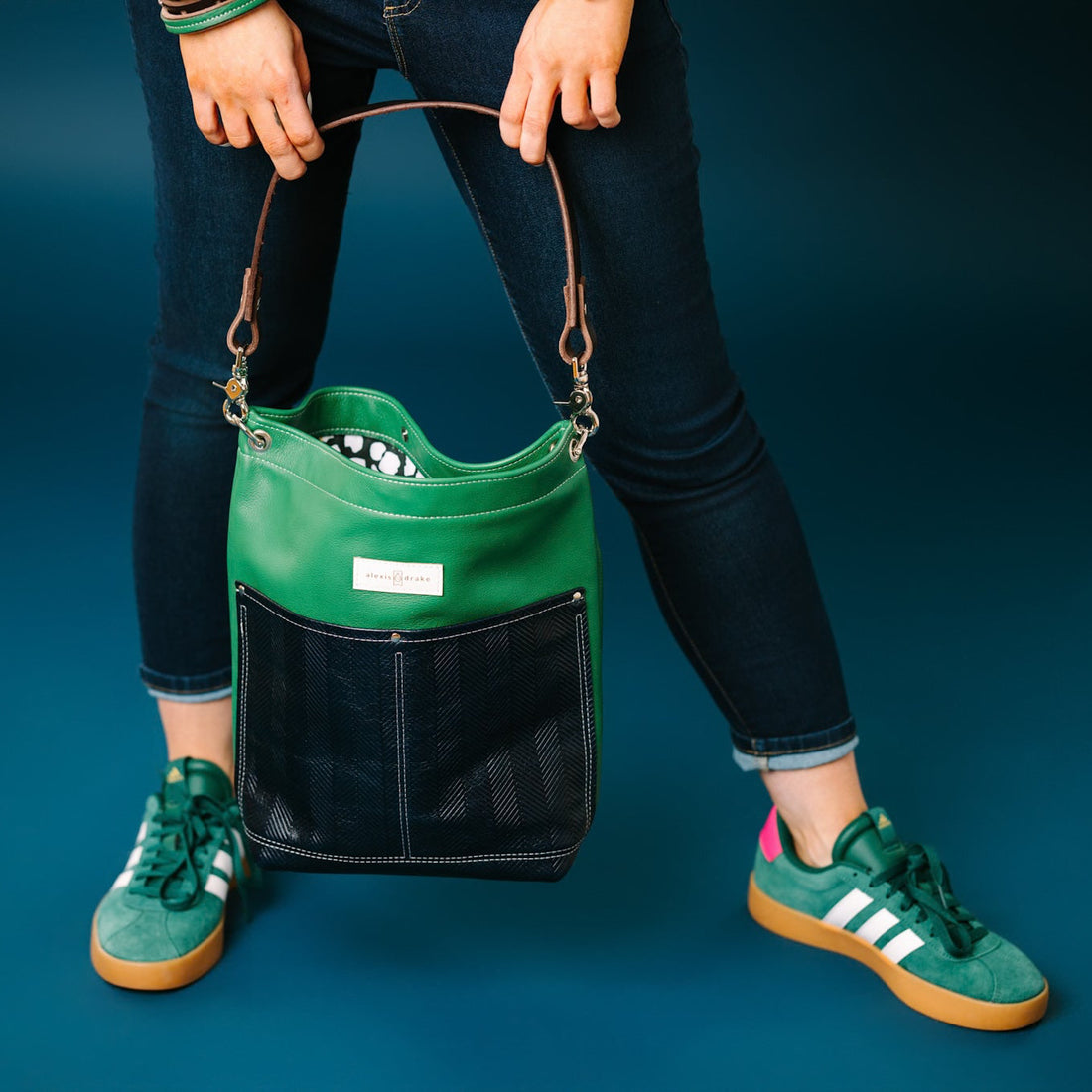 Polished Prep Collection | Train Shoulder Tote | Boxwood Green + Herringbone Coastal Navy