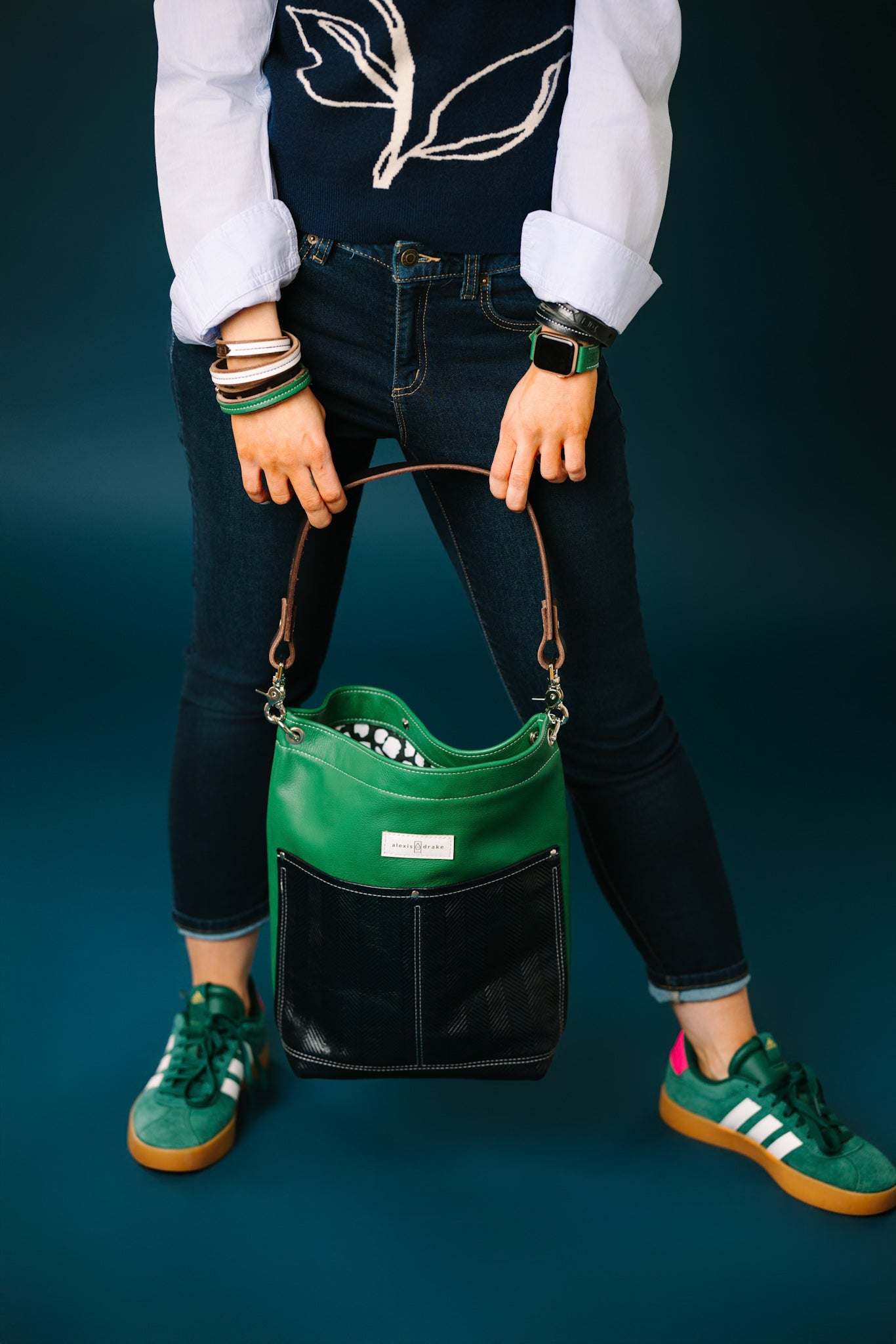 Polished Prep Collection | Train Shoulder Tote | Boxwood Green + Herringbone Coastal Navy