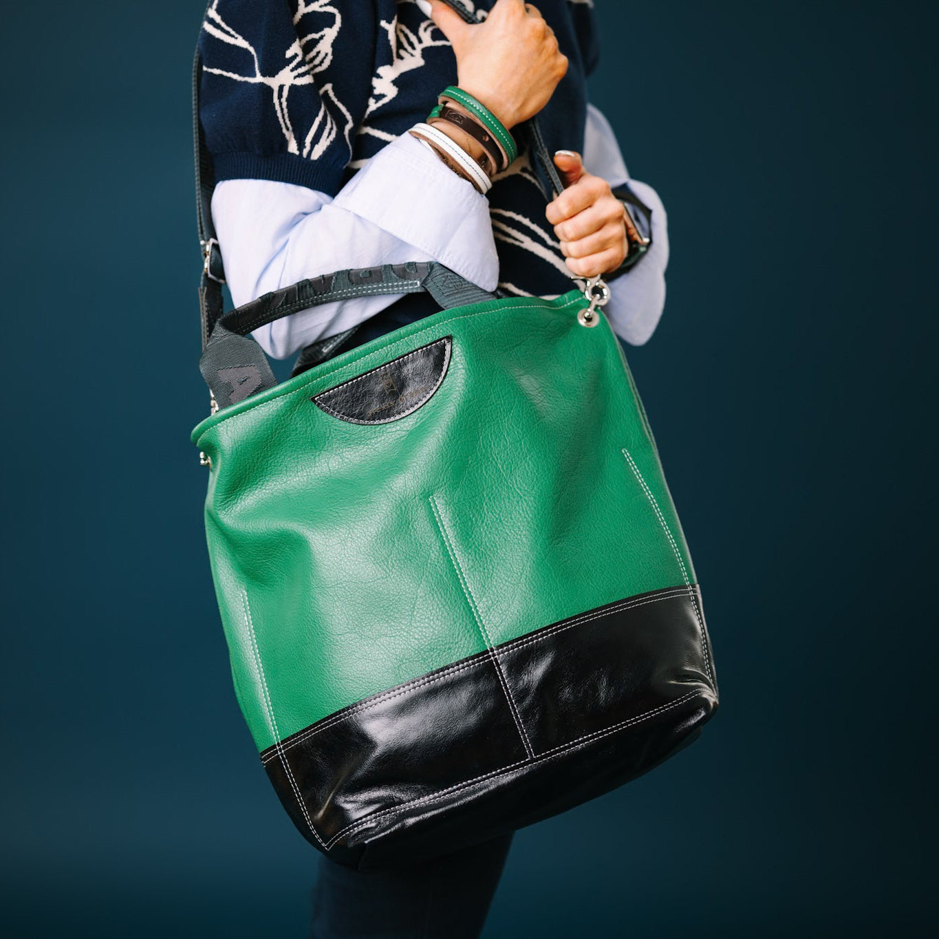 Polished Prep Collection | Lexington Shoulder Tote | Boxwood Green + Coastal Navy