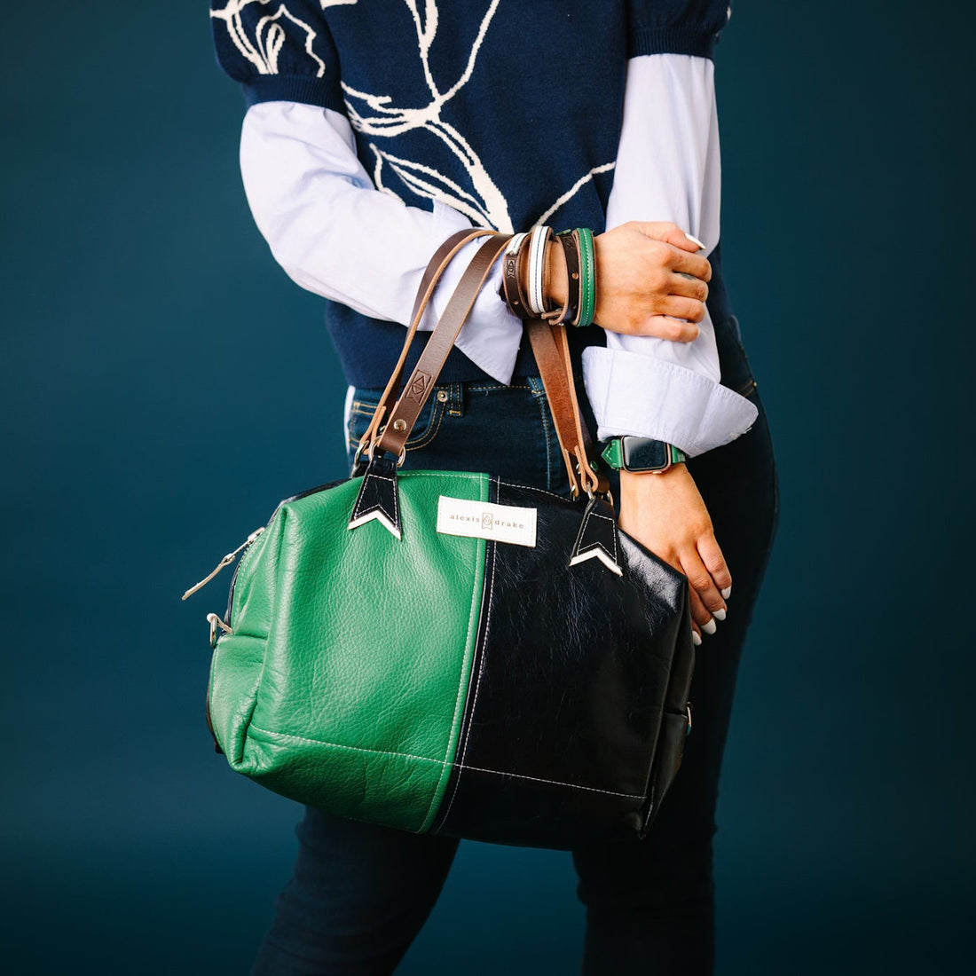 Polished Prep Collection | Eliza Satchel + Shoulder Tote | Coastal Navy + Boxwood Green