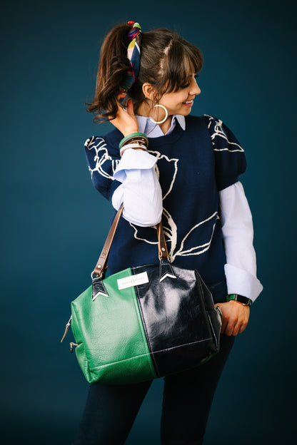 Polished Prep Collection | Eliza Satchel + Shoulder Tote | Boxwood Green + Coastal Navy