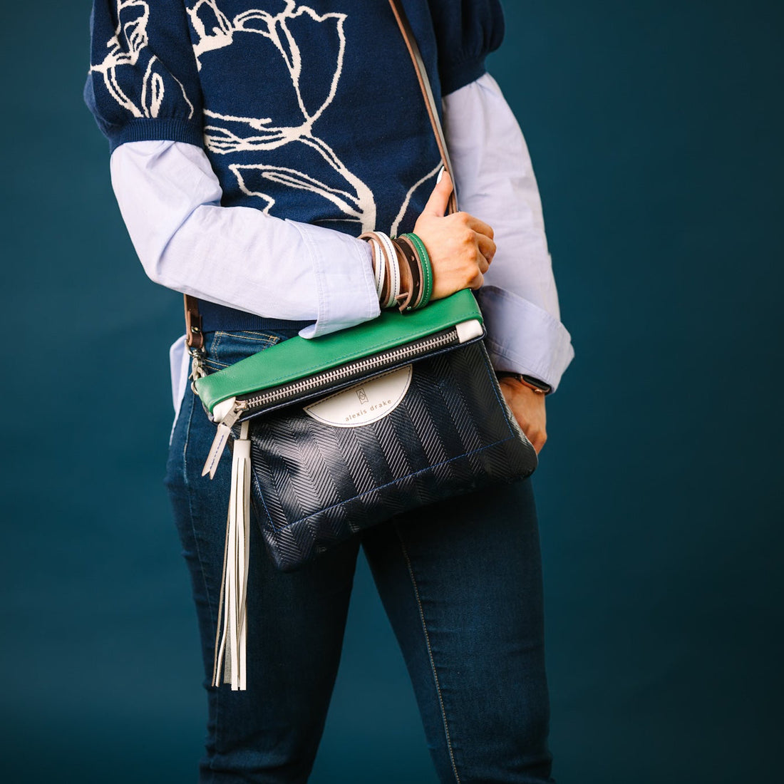Polished Prep Collection | Eva Crossbody + Clutch | Herringbone Coastal Navy + Nantucket White