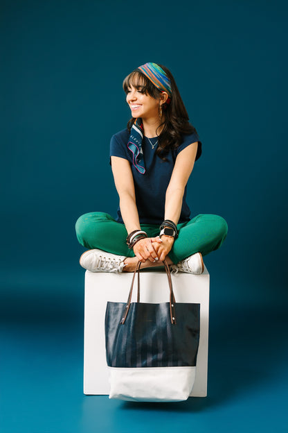 Polished Prep Collection | Market Tote | Herringbone Coastal Navy + Nantucket White