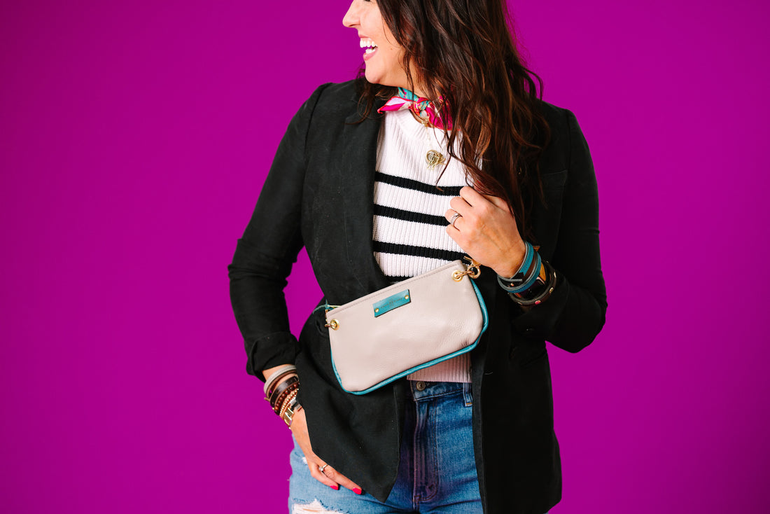 Relaxed Riviera Collection | Belt Bag Clutch + Crossbody | Linen Gray + Blue Lagoon