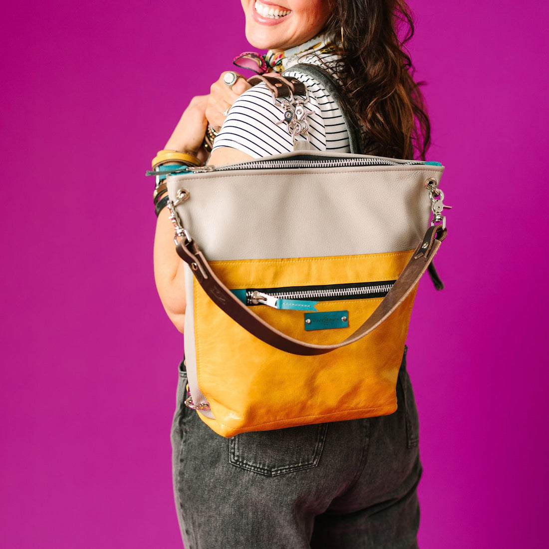 Relaxed Riviera Collection | Backpack Shoulder Tote | Linen Gray + Sunrise Yellow