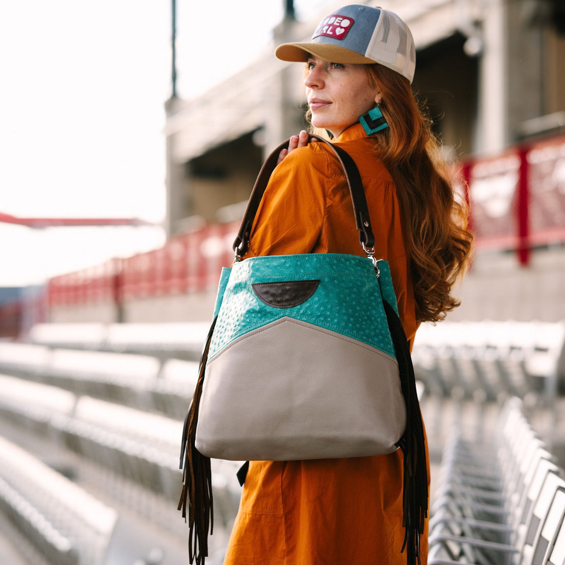 Arena Tradition Collection | Eleanor Shoulder Tote + Crossbody | Cactus Ostrich + Stone Gray