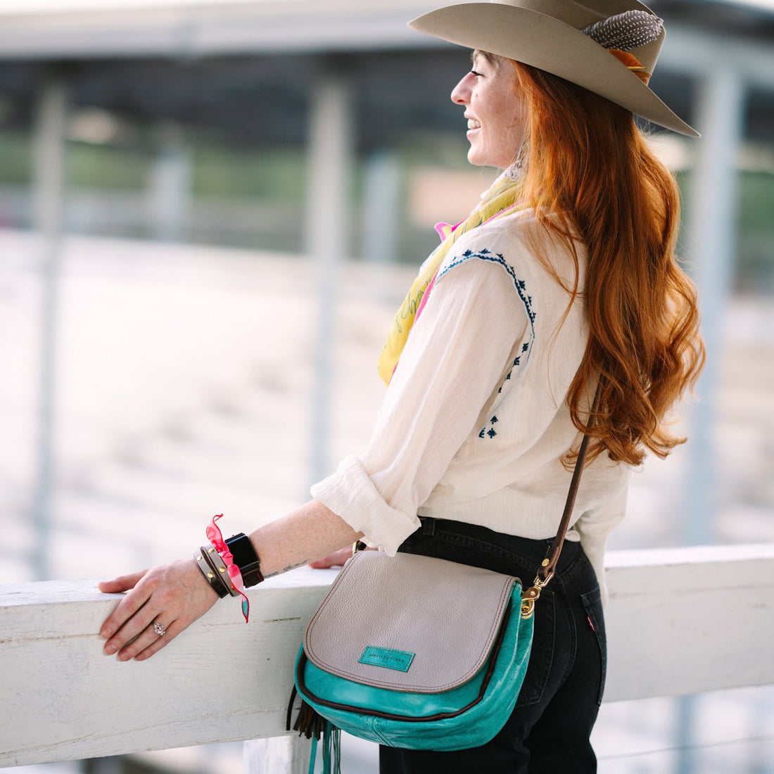 Arena Tradition Collection | Mini E Crossbody | Stone Gray + Cactus