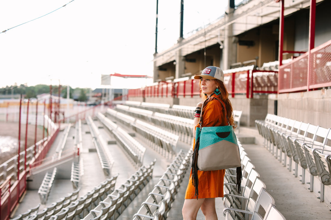 Arena Tradition Collection | Eleanor Shoulder Tote + Crossbody | Cactus Ostrich + Stone Gray