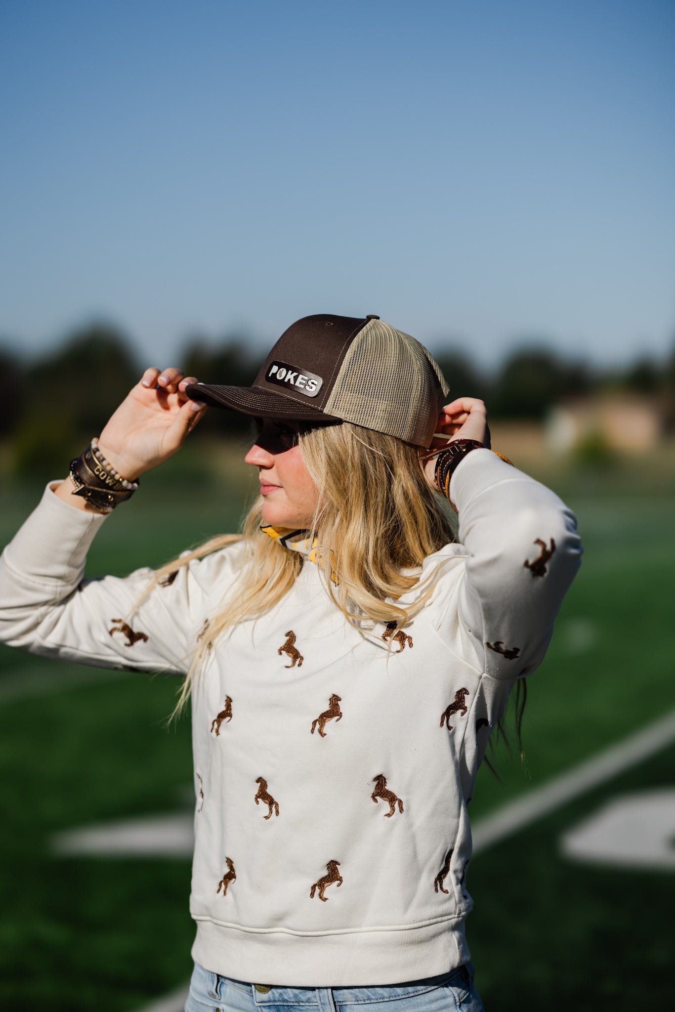 Steamboat Collection | Pokes Trucker Hat | Brown + White
