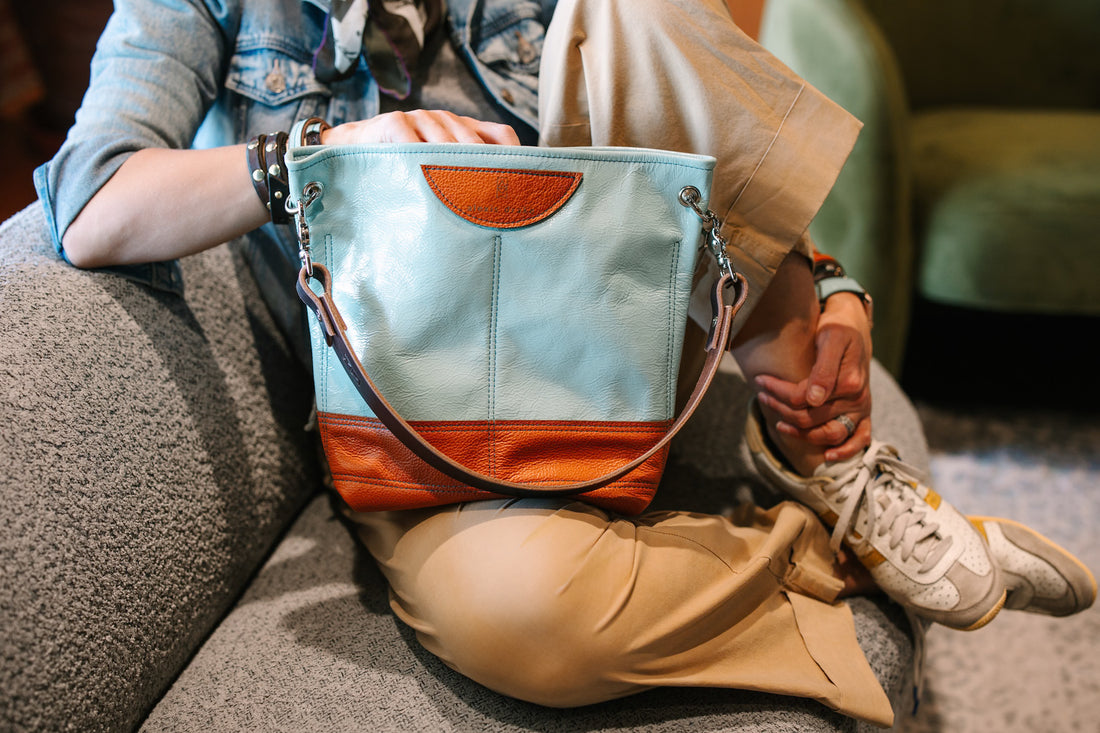 Autumn Reverie Collection | Tivoli Shoulder Tote | Ice Box Blue + Rust Pebble