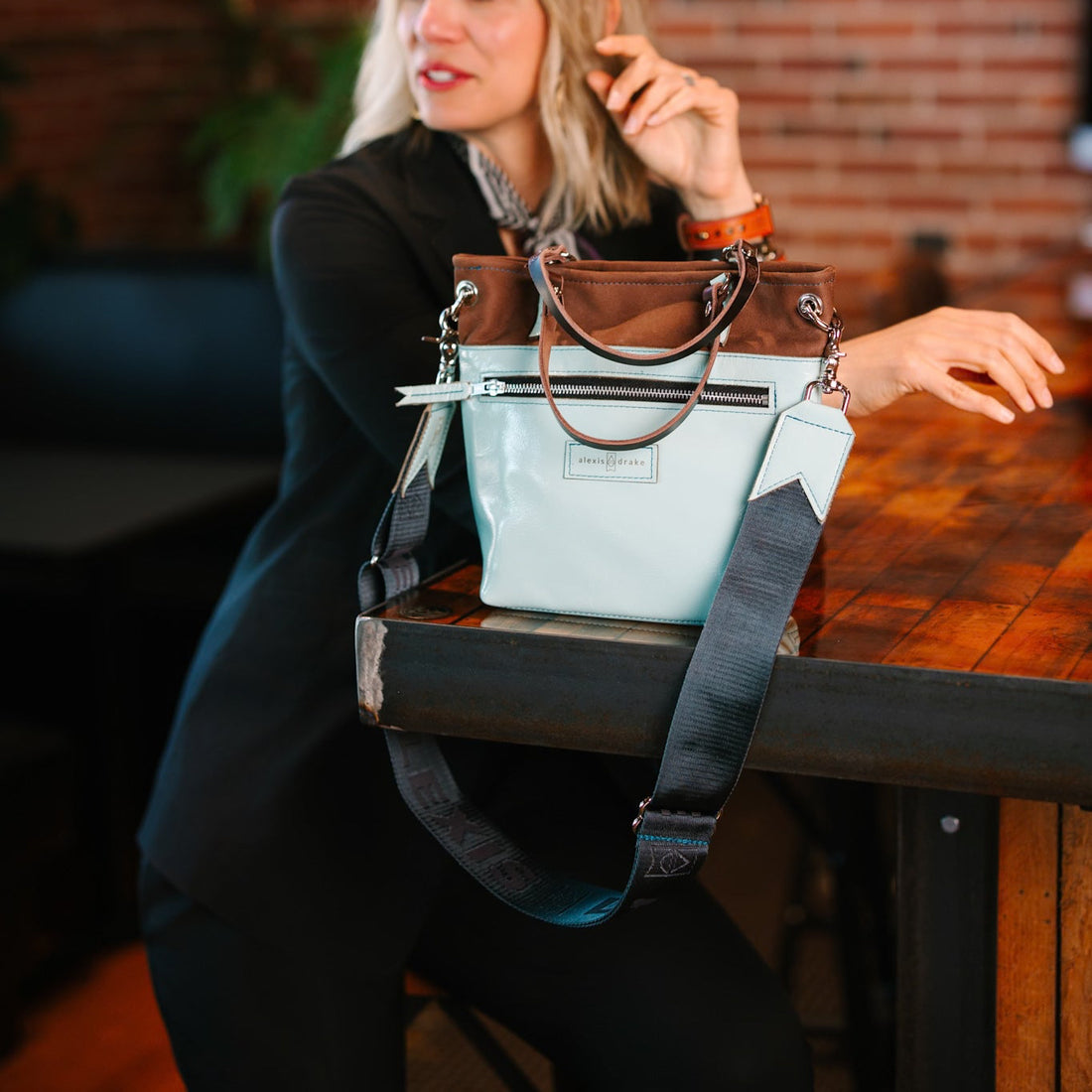 Autumn Reverie Collection | Amika Satchel + Crossbody | Mocha Suede + Ice Box Blue