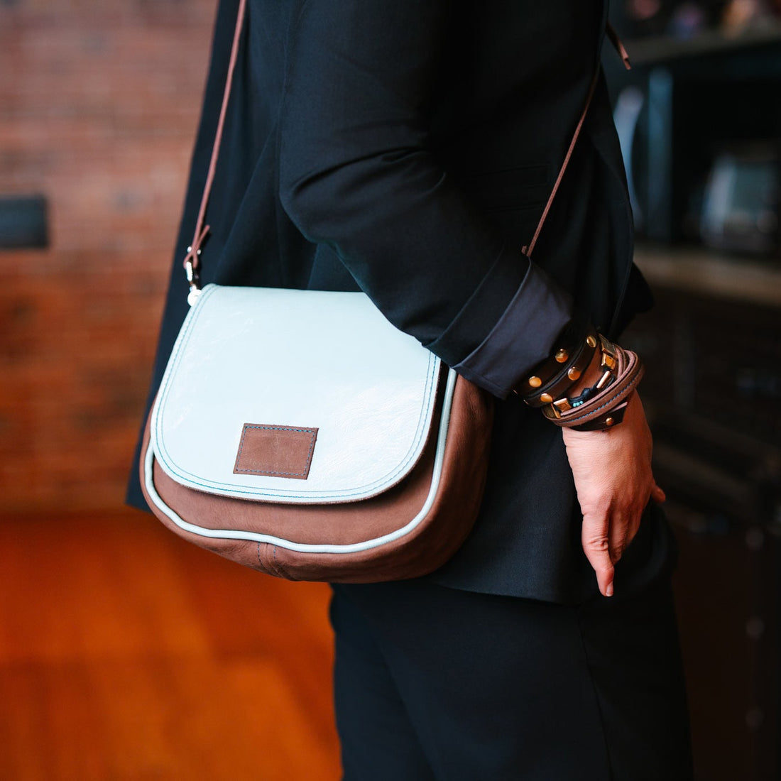 Autumn Reverie Collection | Mini E Crossbody | Mocha Suede + Ice Box Blue