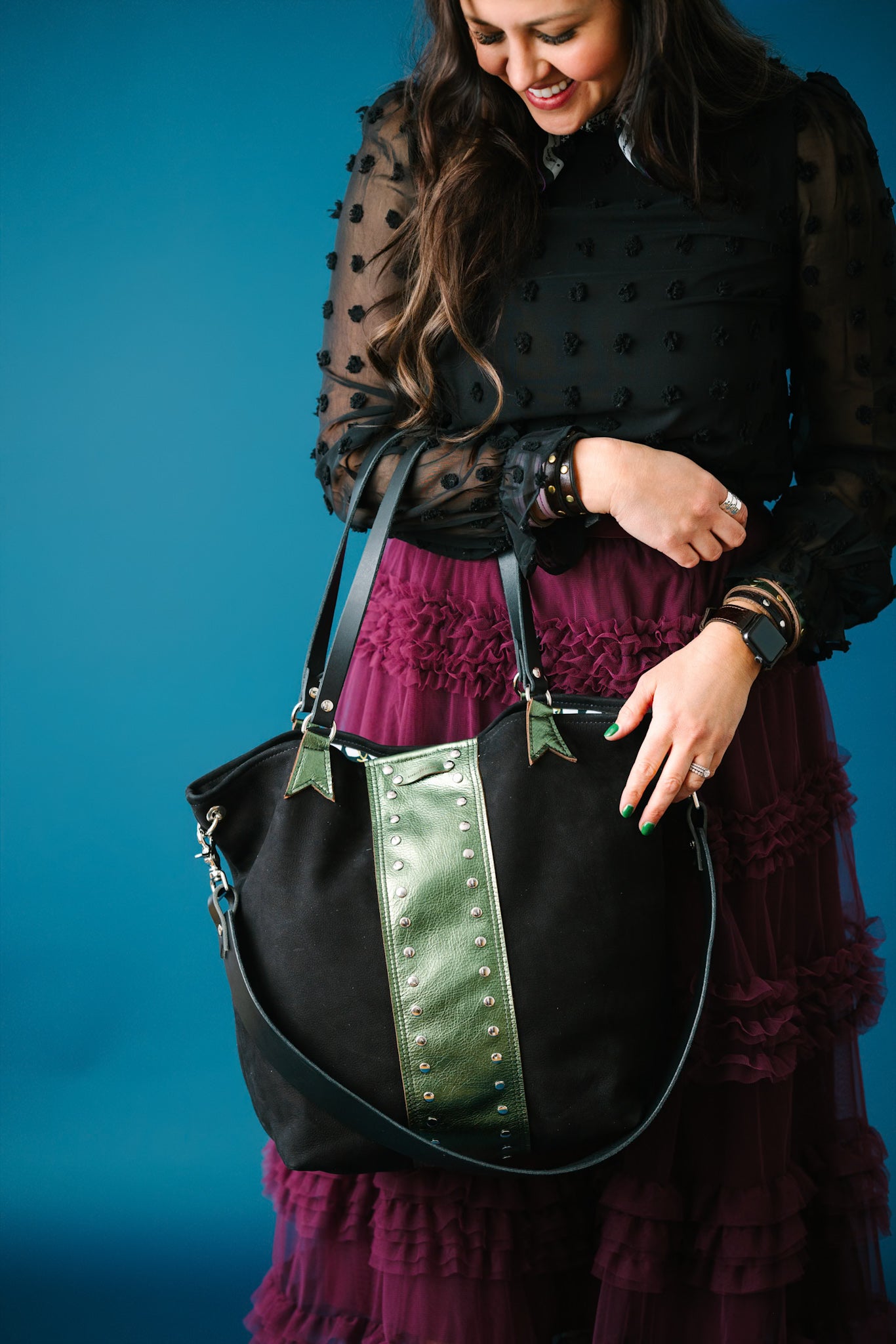 Midnight in Paris Collection | Lexington Shoulder Tote | Noir Suede + Emerald